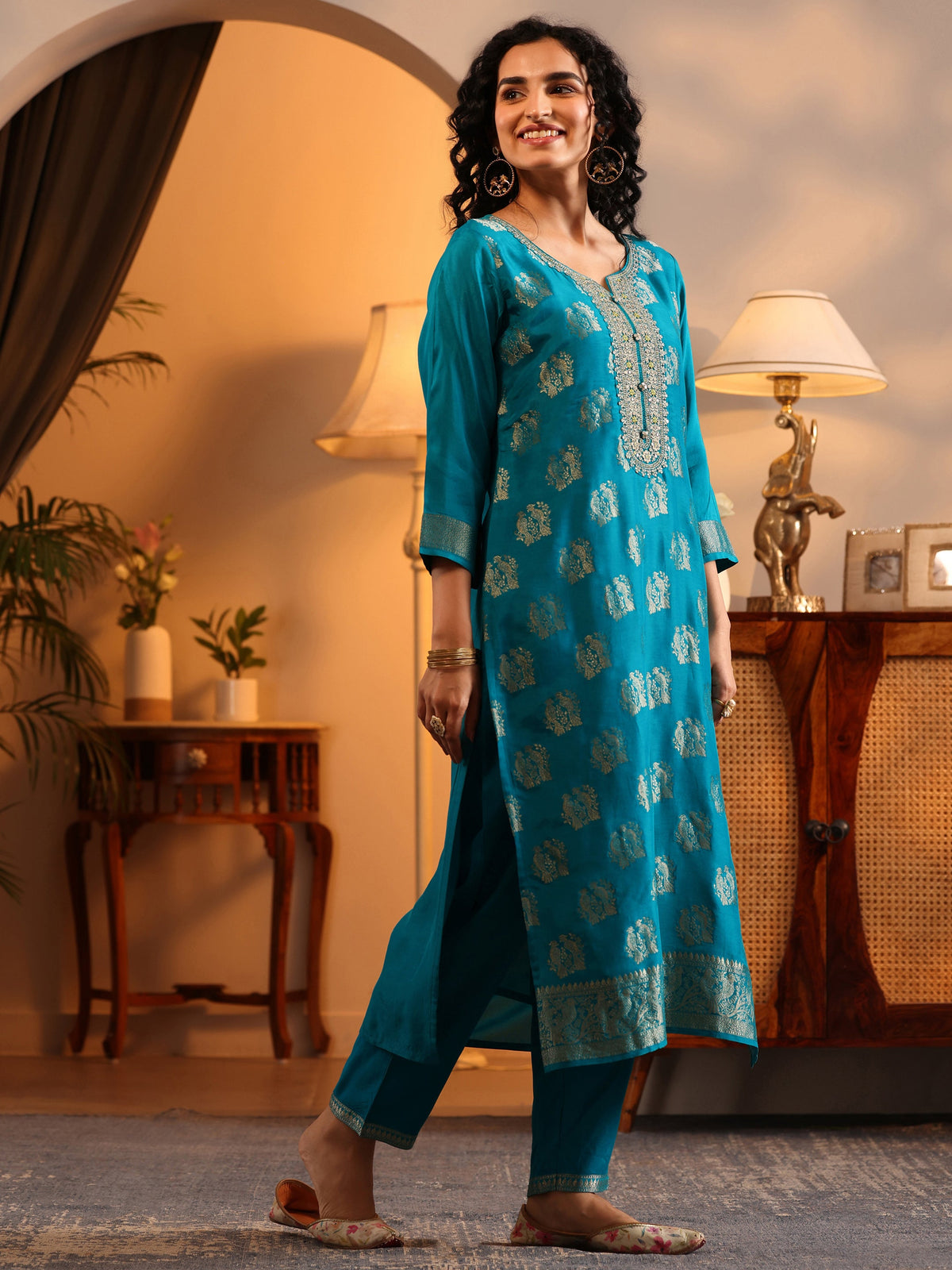 Anouk Blue Woven Design Silk Blend Straight Suit Set With Dupatta