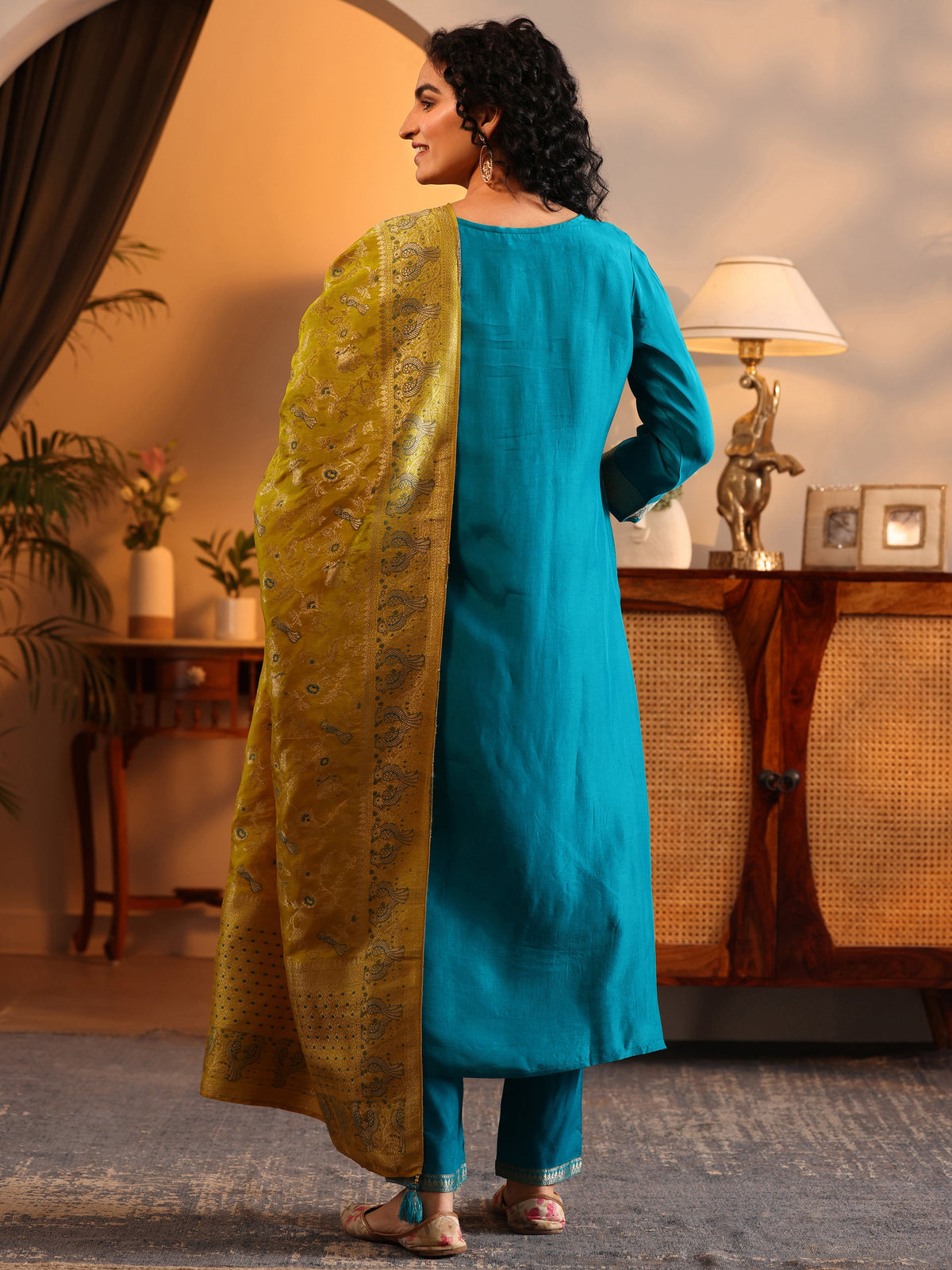 Anouk Blue Woven Design Silk Blend Straight Suit Set With Dupatta