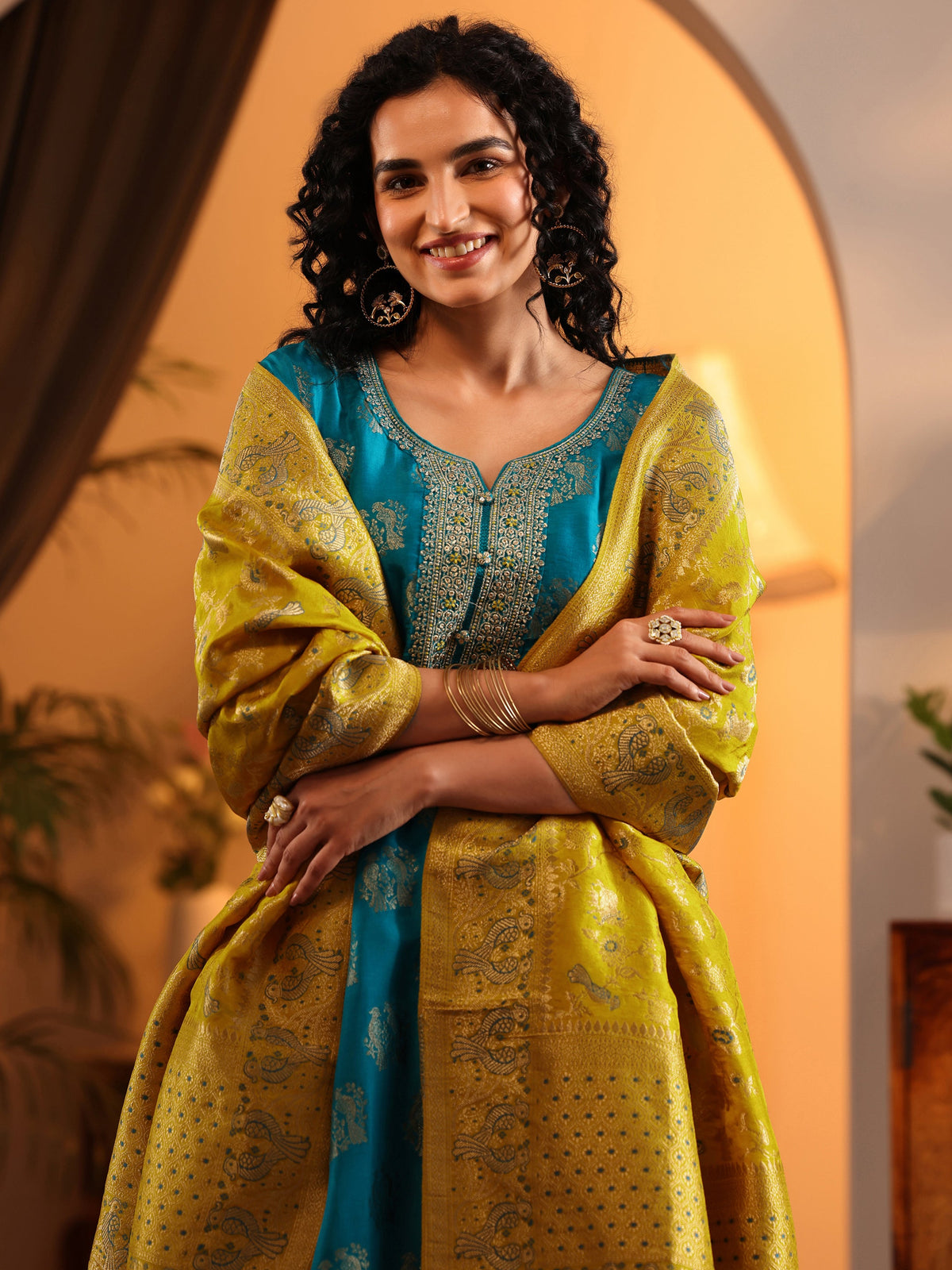 Anouk Blue Woven Design Silk Blend Straight Suit Set With Dupatta