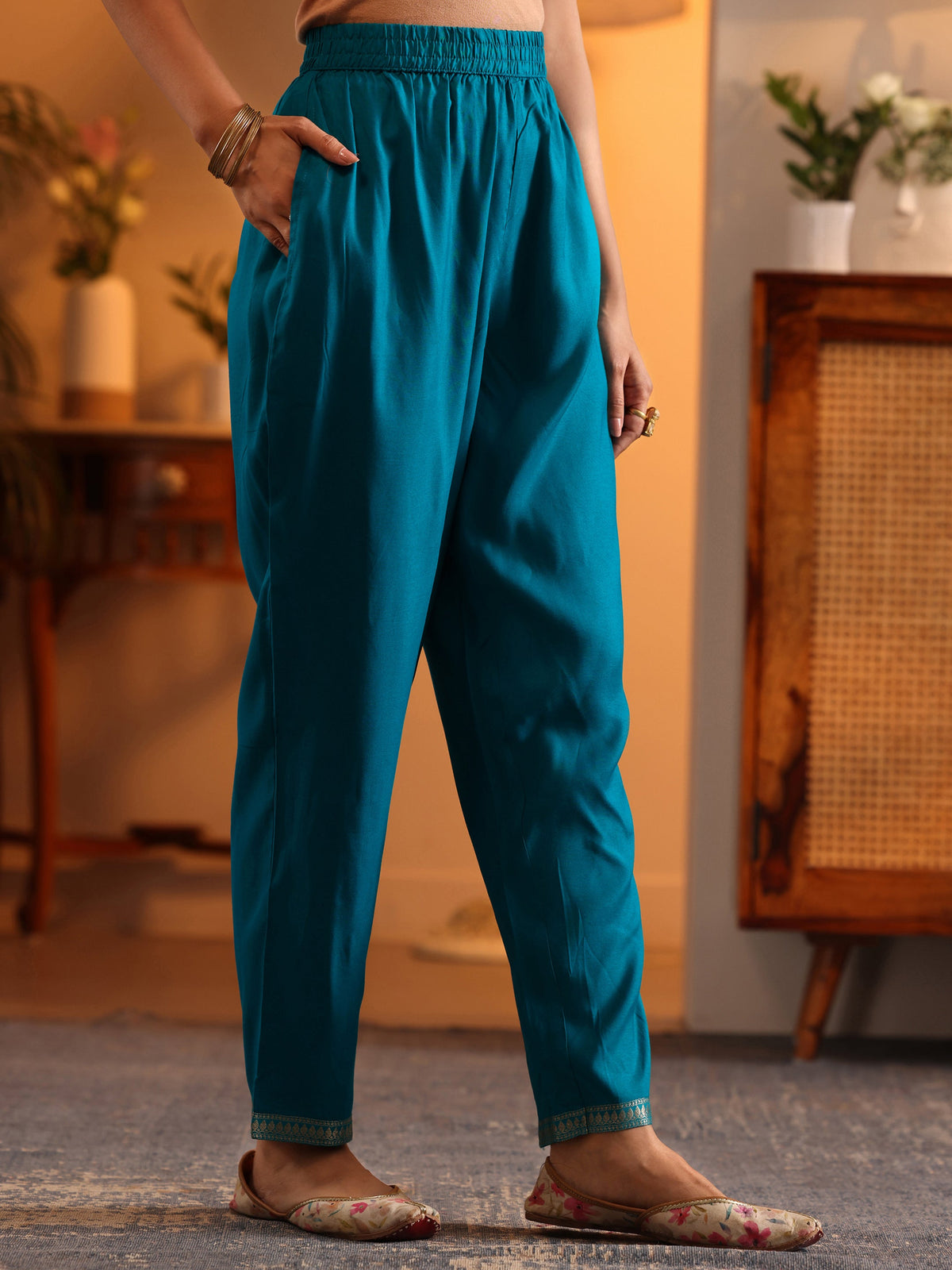Anouk Blue Woven Design Silk Blend Straight Suit Set With Dupatta