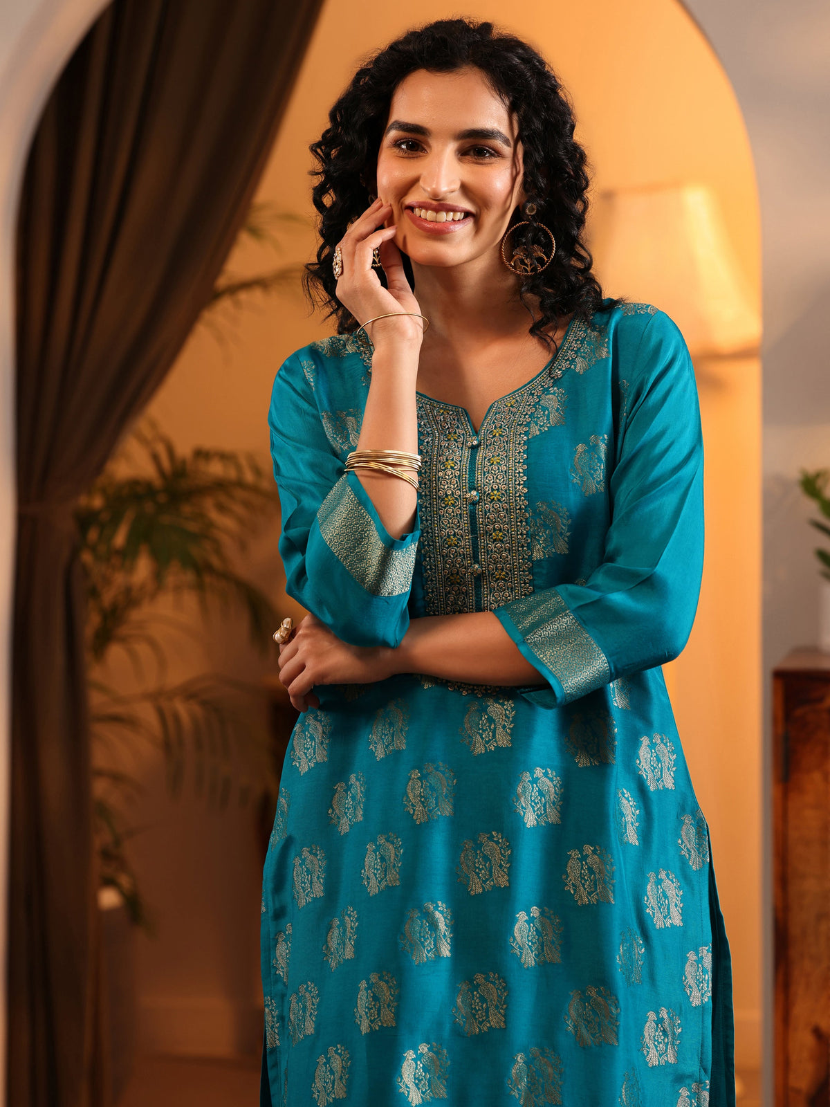 Anouk Blue Woven Design Silk Blend Straight Suit Set With Dupatta