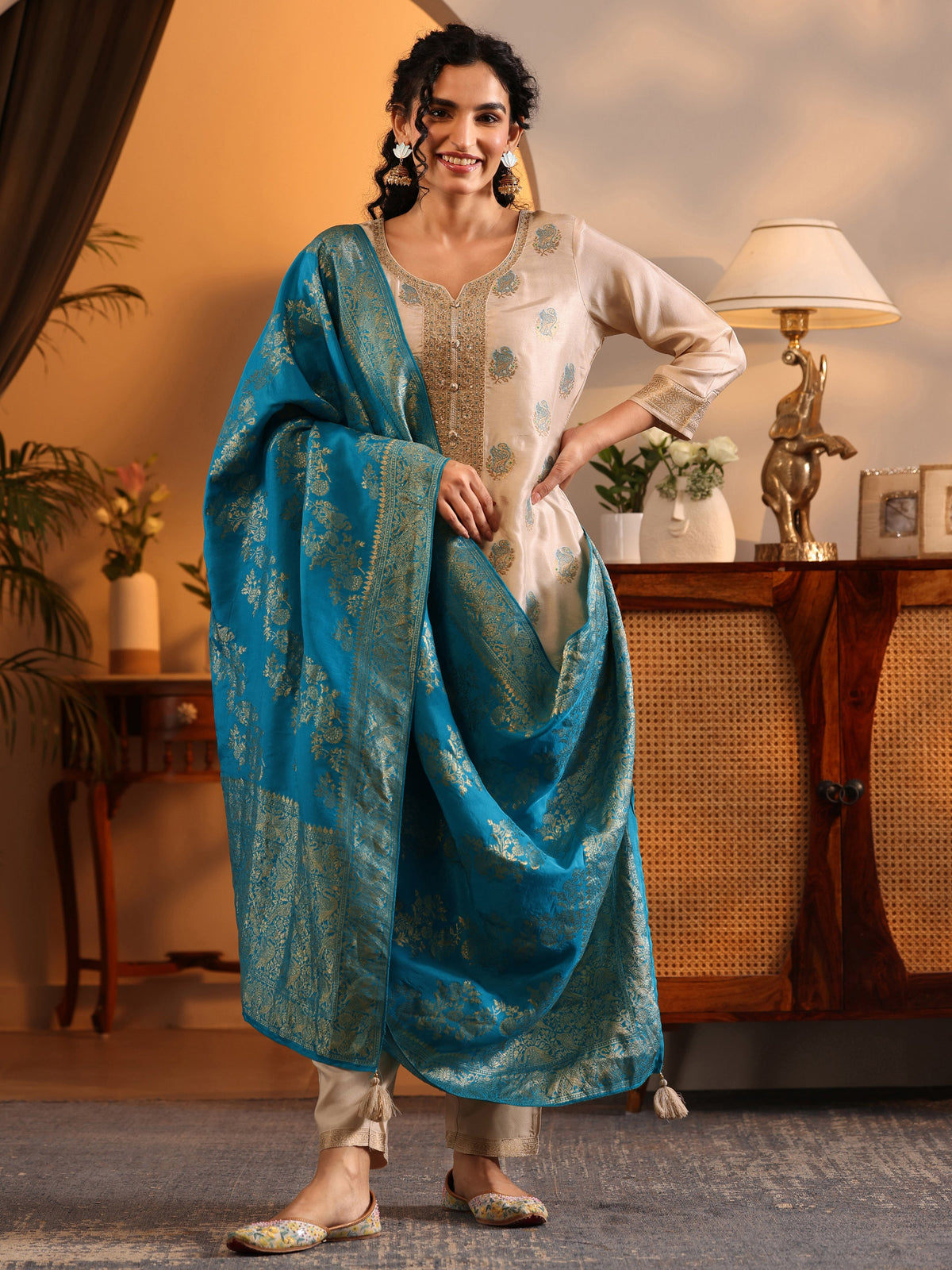 Anouk Off White Woven Design Silk Blend Straight Suit Set With Dupatta