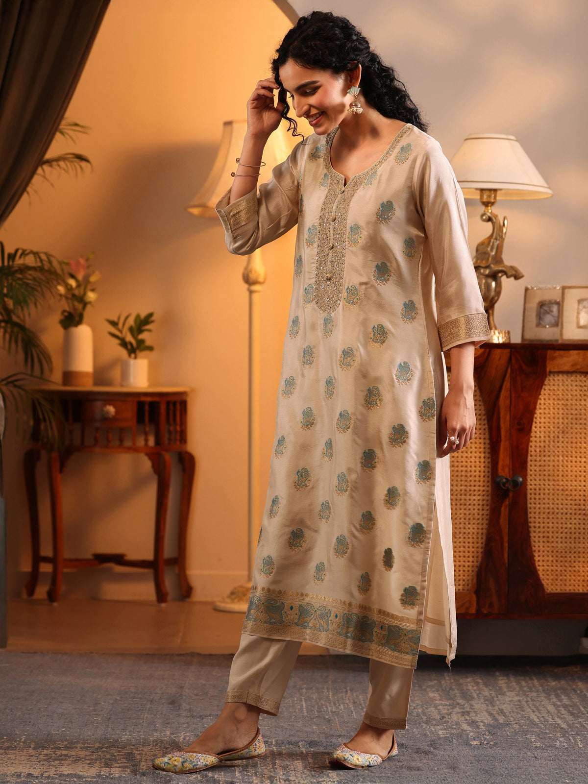 Anouk Off White Woven Design Silk Blend Straight Suit Set With Dupatta