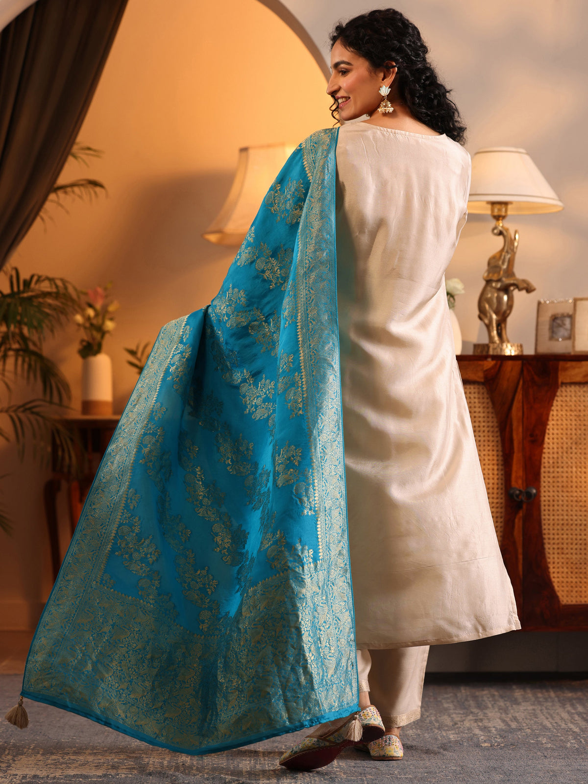 Anouk Off White Woven Design Silk Blend Straight Suit Set With Dupatta
