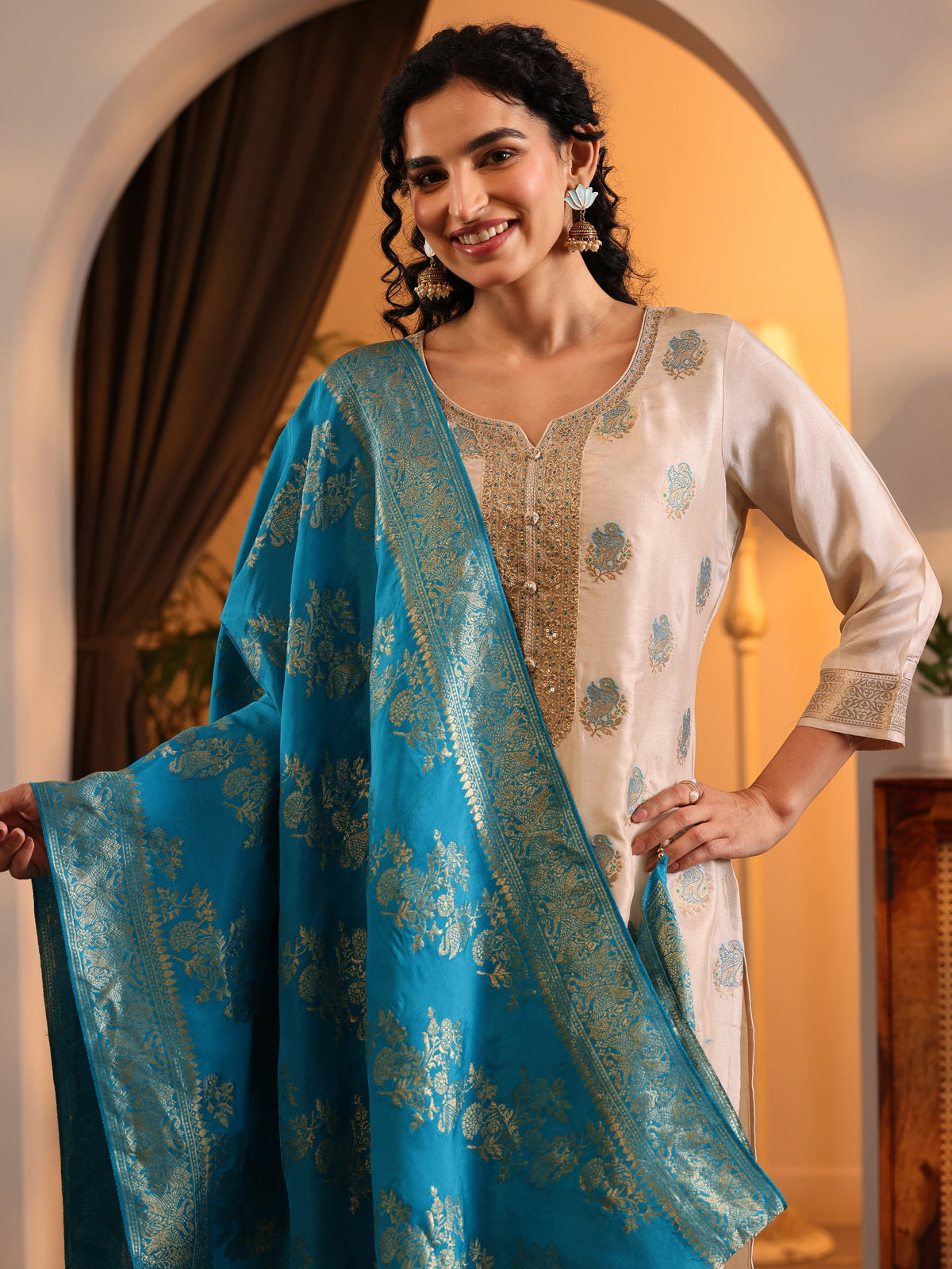 Anouk Off White Woven Design Silk Blend Straight Suit Set With Dupatta