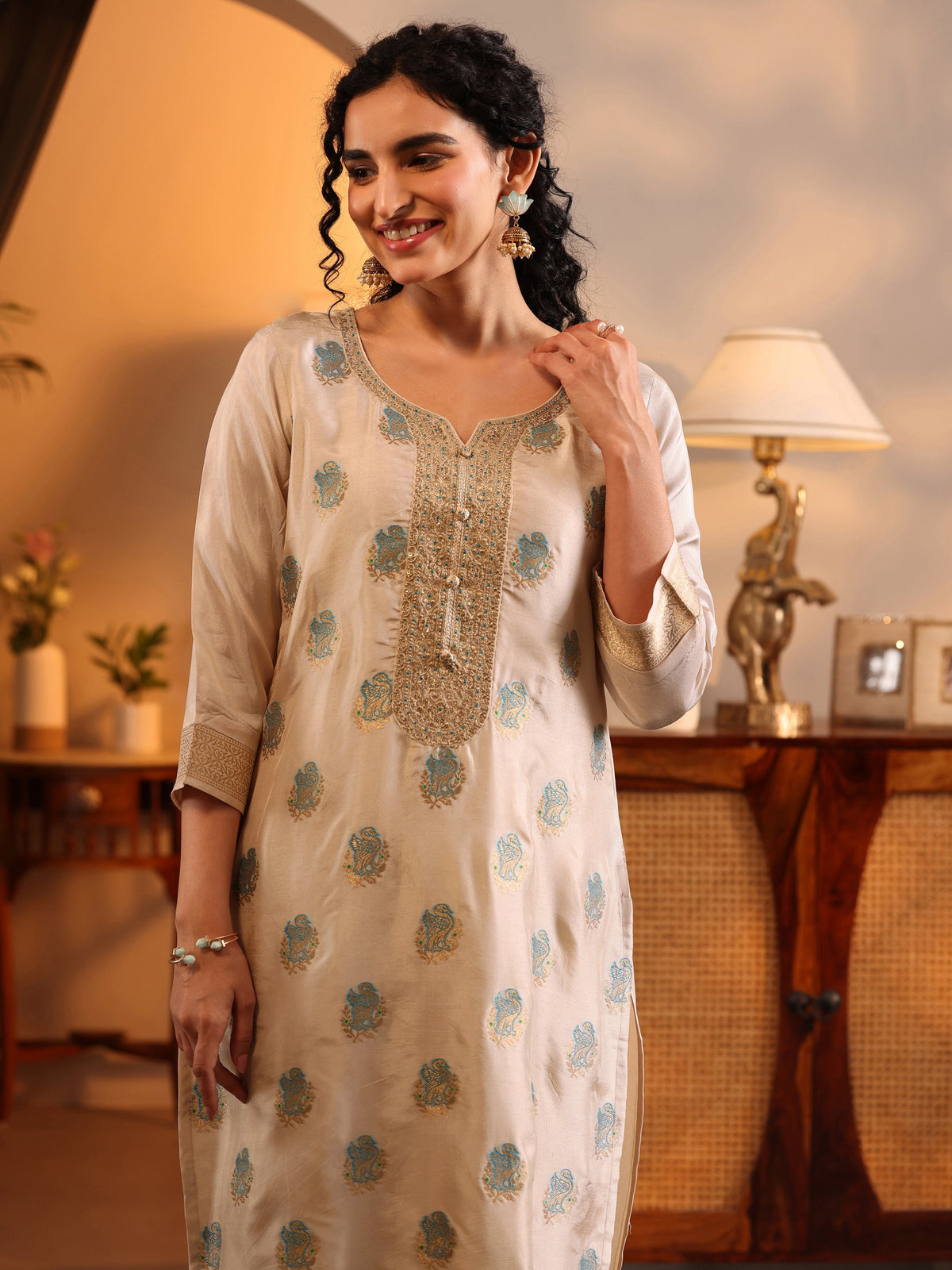 Anouk Off White Woven Design Silk Blend Straight Suit Set With Dupatta
