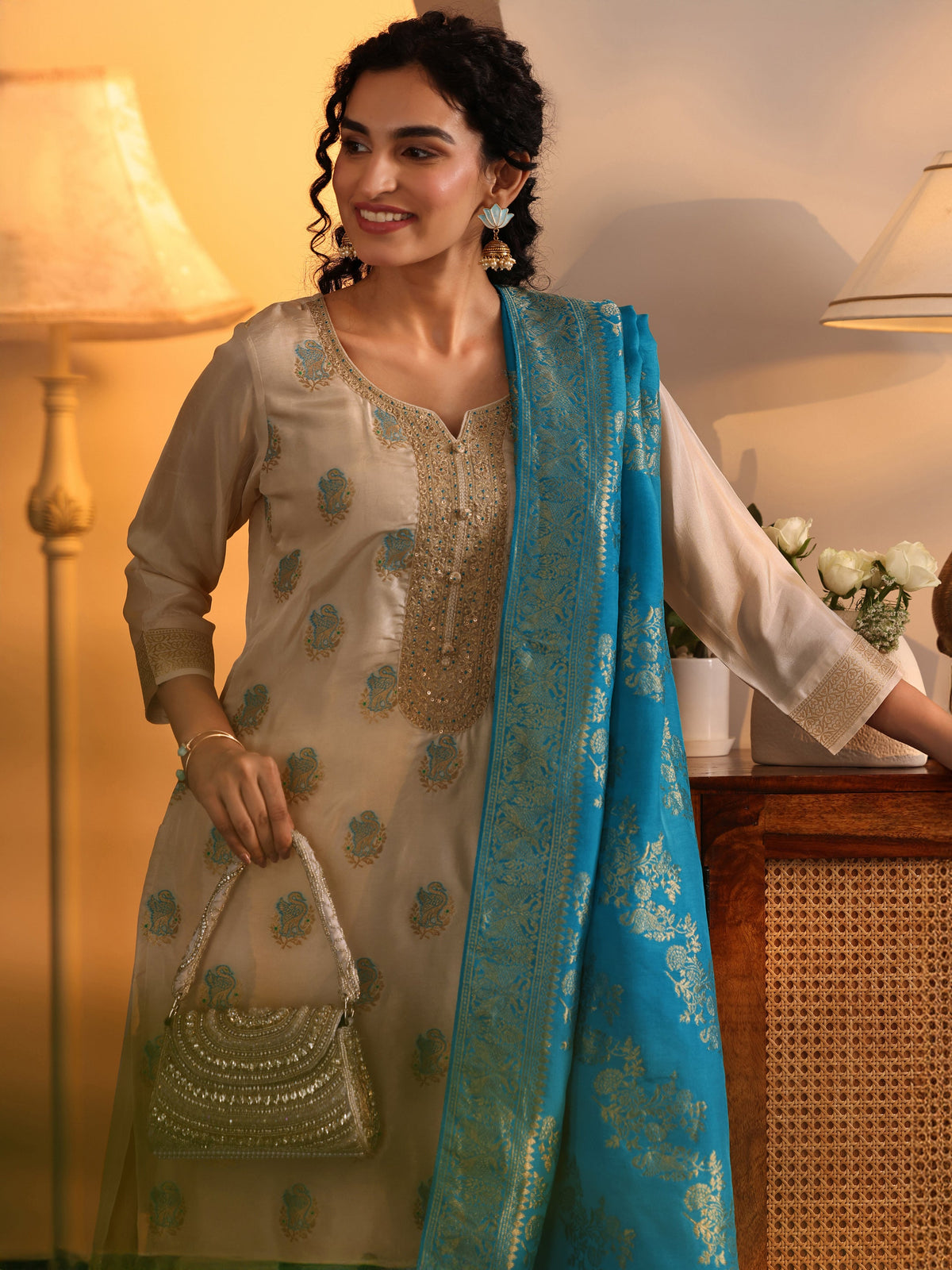 Anouk Off White Woven Design Silk Blend Straight Suit Set With Dupatta