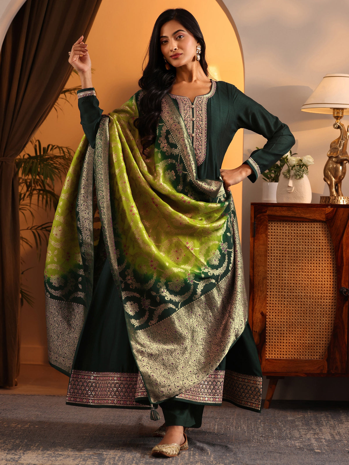 Anouk Green Woven Design Silk Blend Anarkali Suit Set With Dupatta