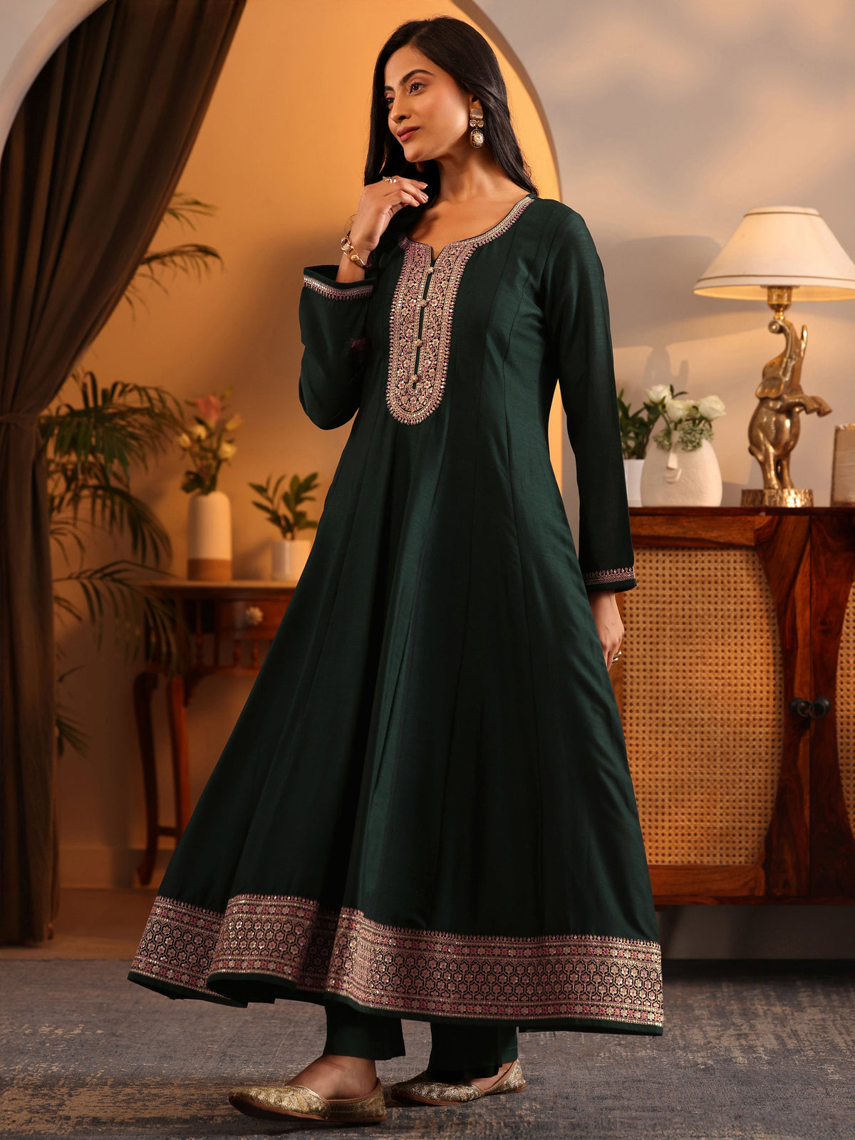Anouk Green Woven Design Silk Blend Anarkali Suit Set With Dupatta