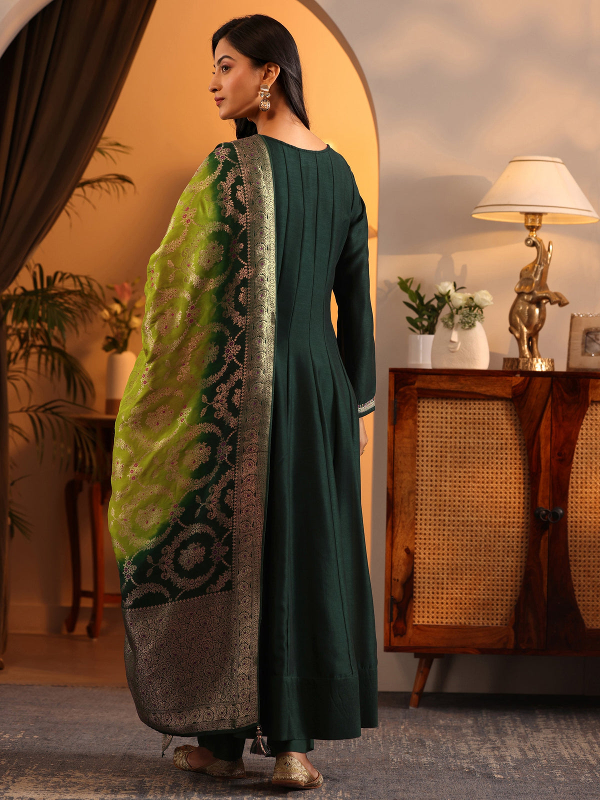 Anouk Green Woven Design Silk Blend Anarkali Suit Set With Dupatta