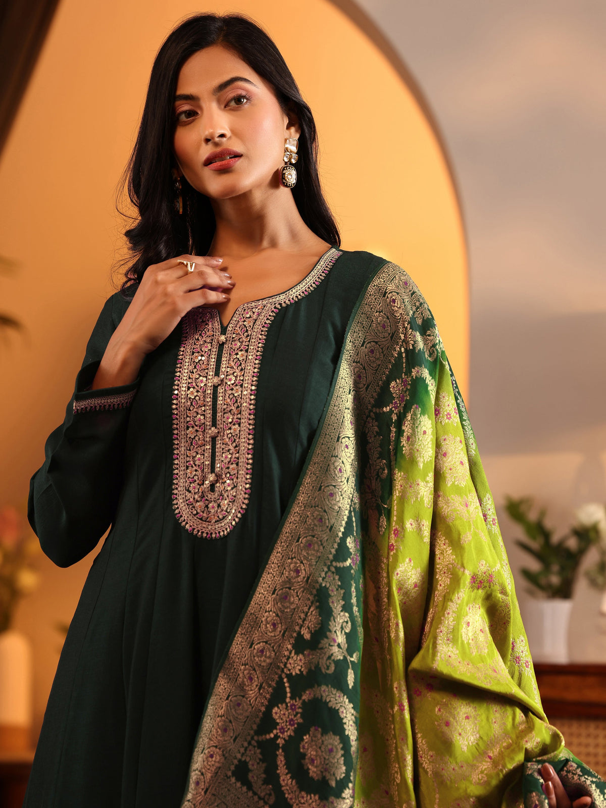 Anouk Green Woven Design Silk Blend Anarkali Suit Set With Dupatta
