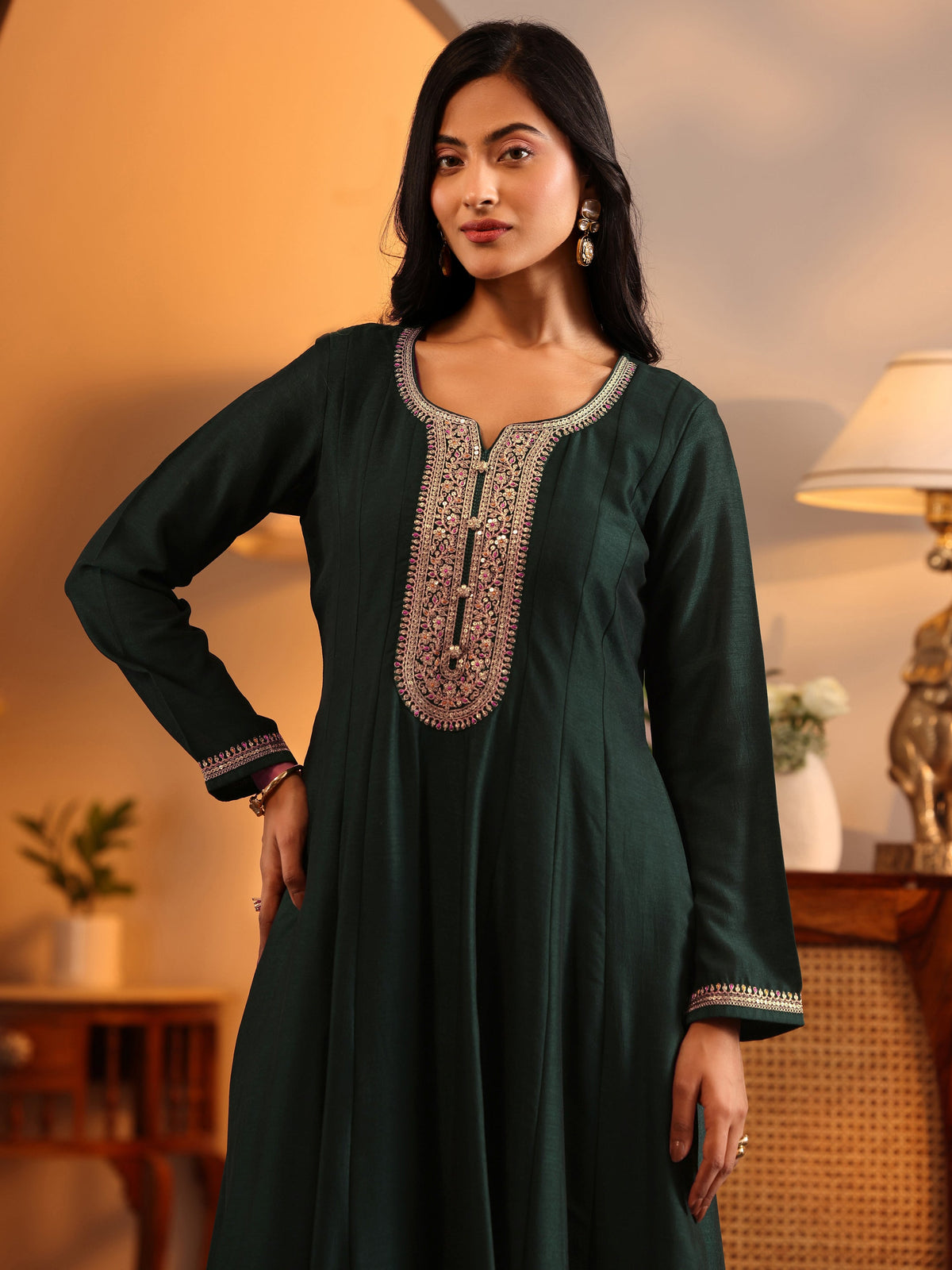 Anouk Green Woven Design Silk Blend Anarkali Suit Set With Dupatta