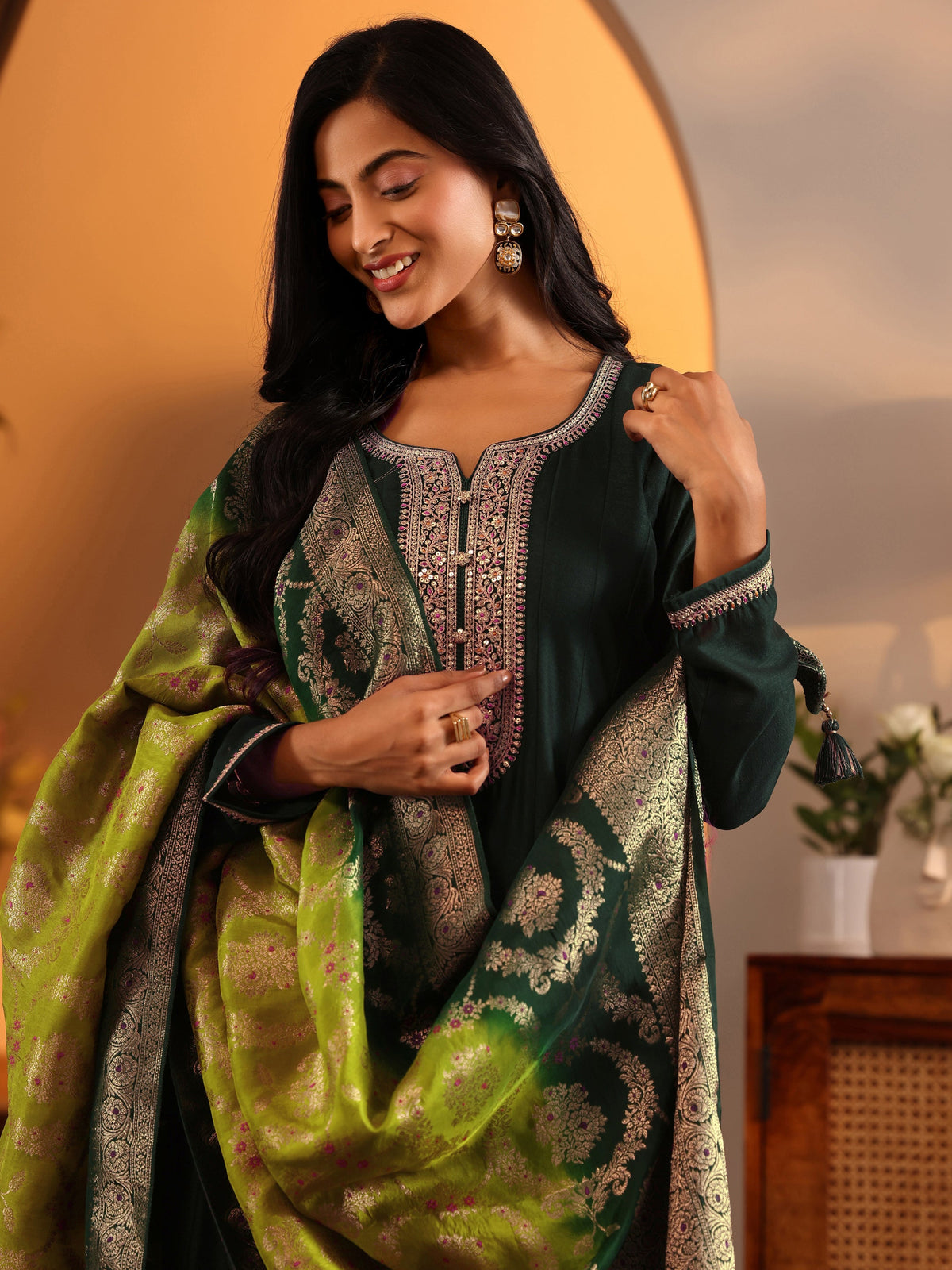 Anouk Green Woven Design Silk Blend Anarkali Suit Set With Dupatta