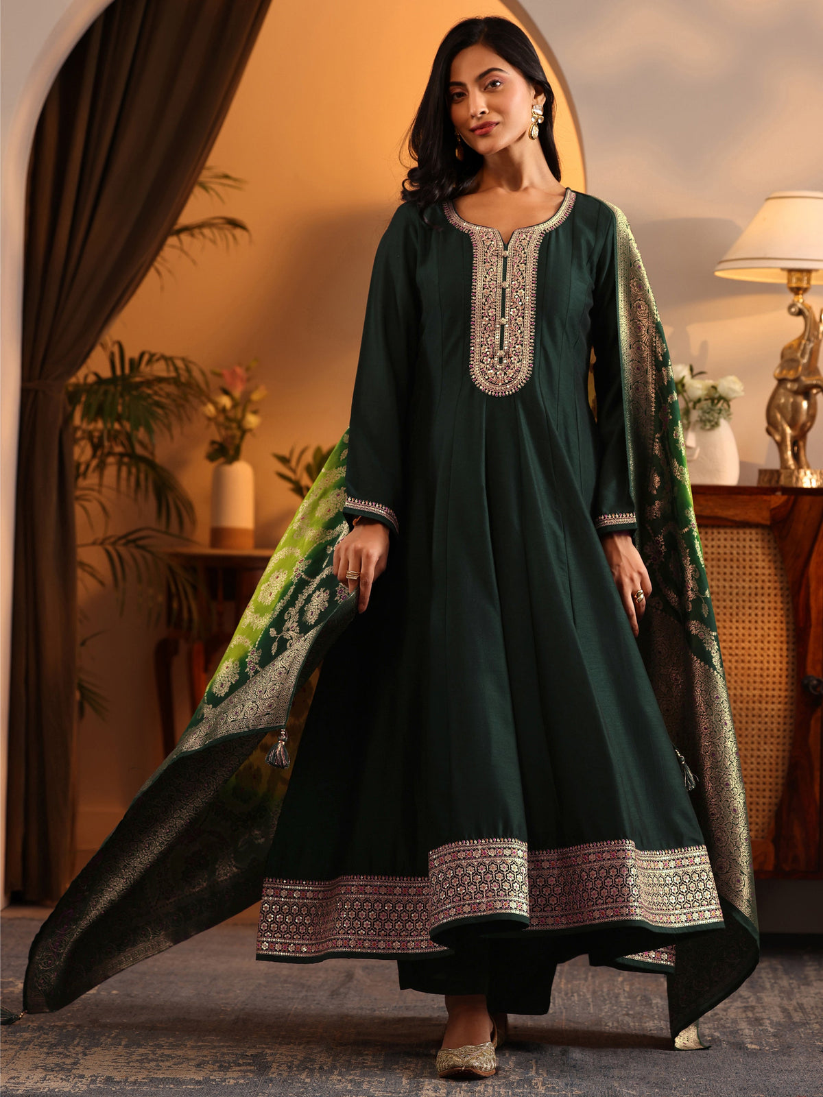 Anouk Green Woven Design Silk Blend Anarkali Suit Set With Dupatta