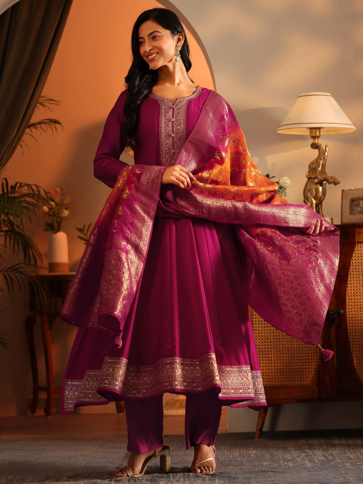 Anouk Magenta Woven Design Silk Blend Anarkali Suit Set With Dupatta