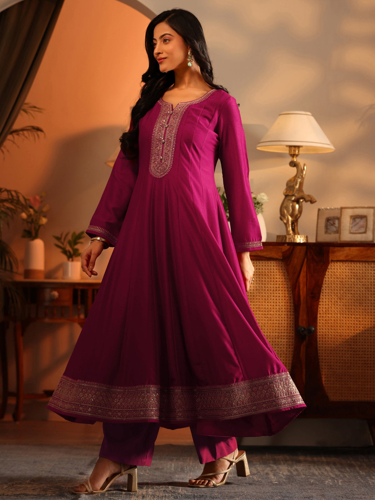 Anouk Magenta Woven Design Silk Blend Anarkali Suit Set With Dupatta