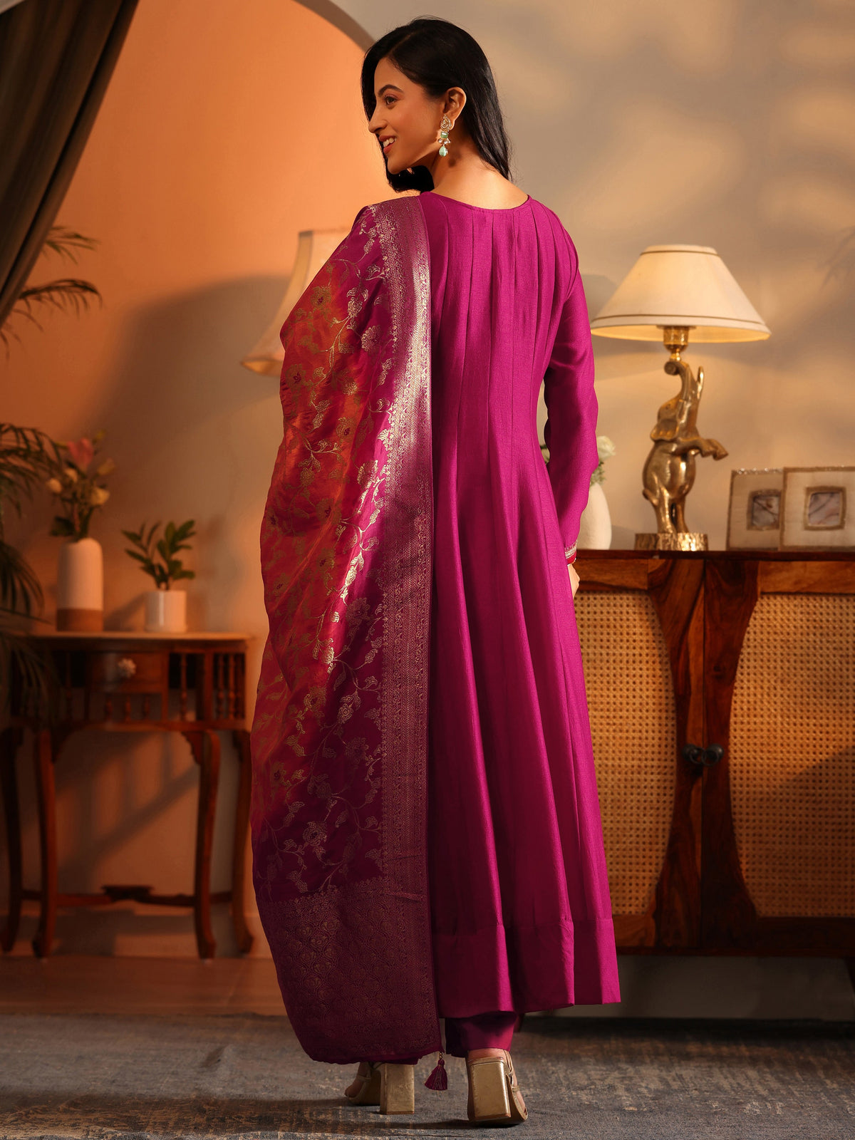 Anouk Magenta Woven Design Silk Blend Anarkali Suit Set With Dupatta