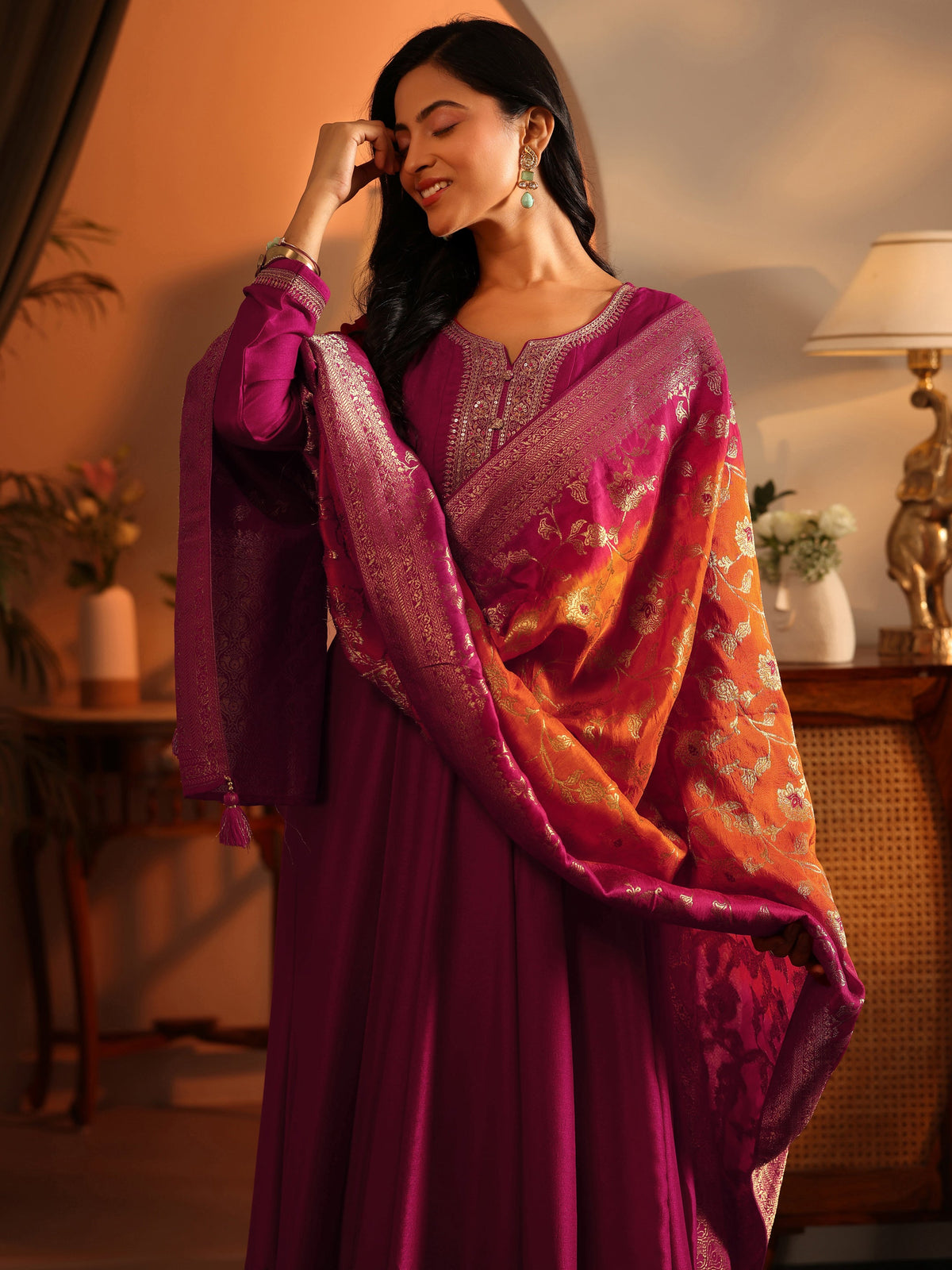 Anouk Magenta Woven Design Silk Blend Anarkali Suit Set With Dupatta