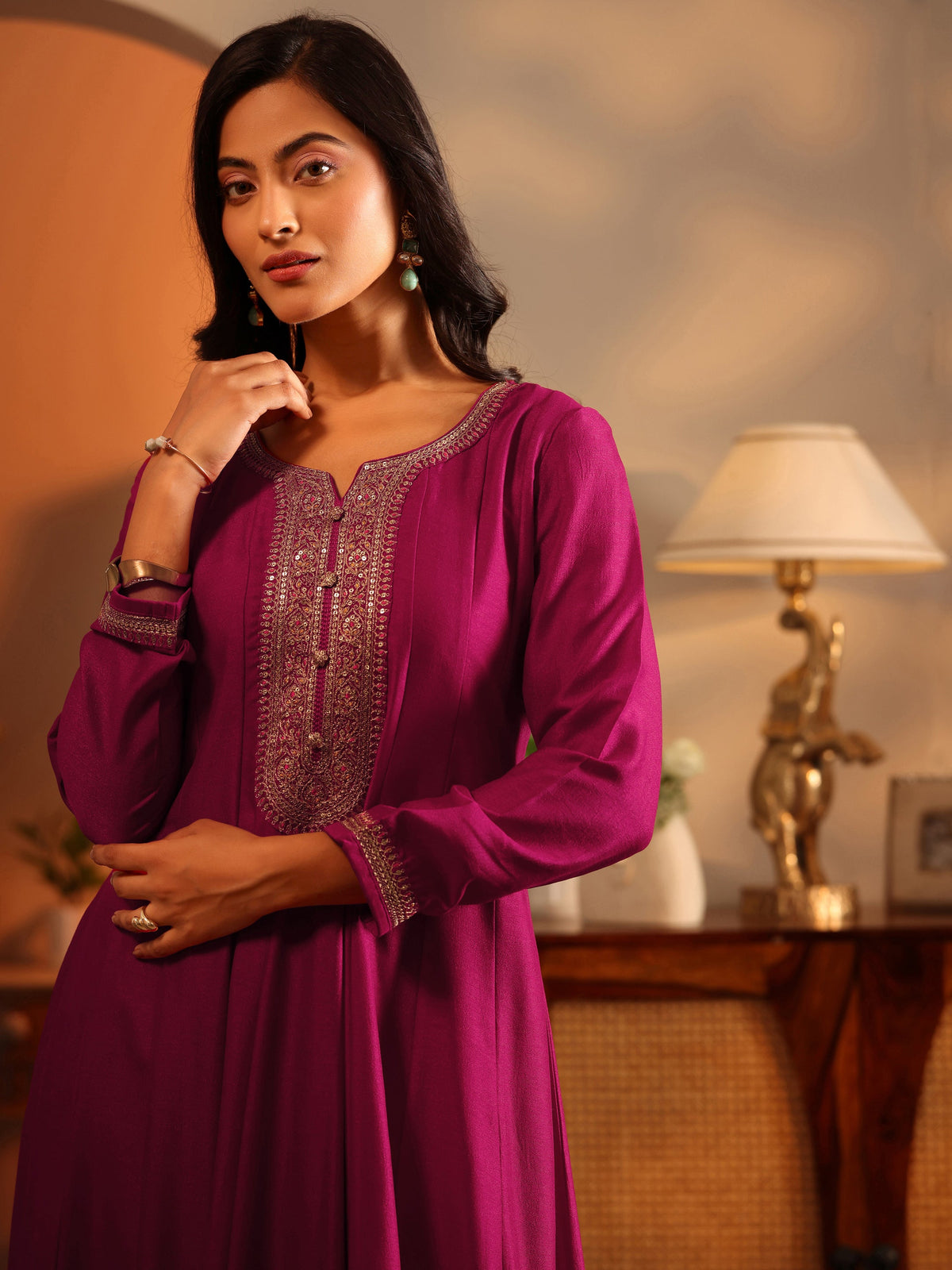 Anouk Magenta Woven Design Silk Blend Anarkali Suit Set With Dupatta
