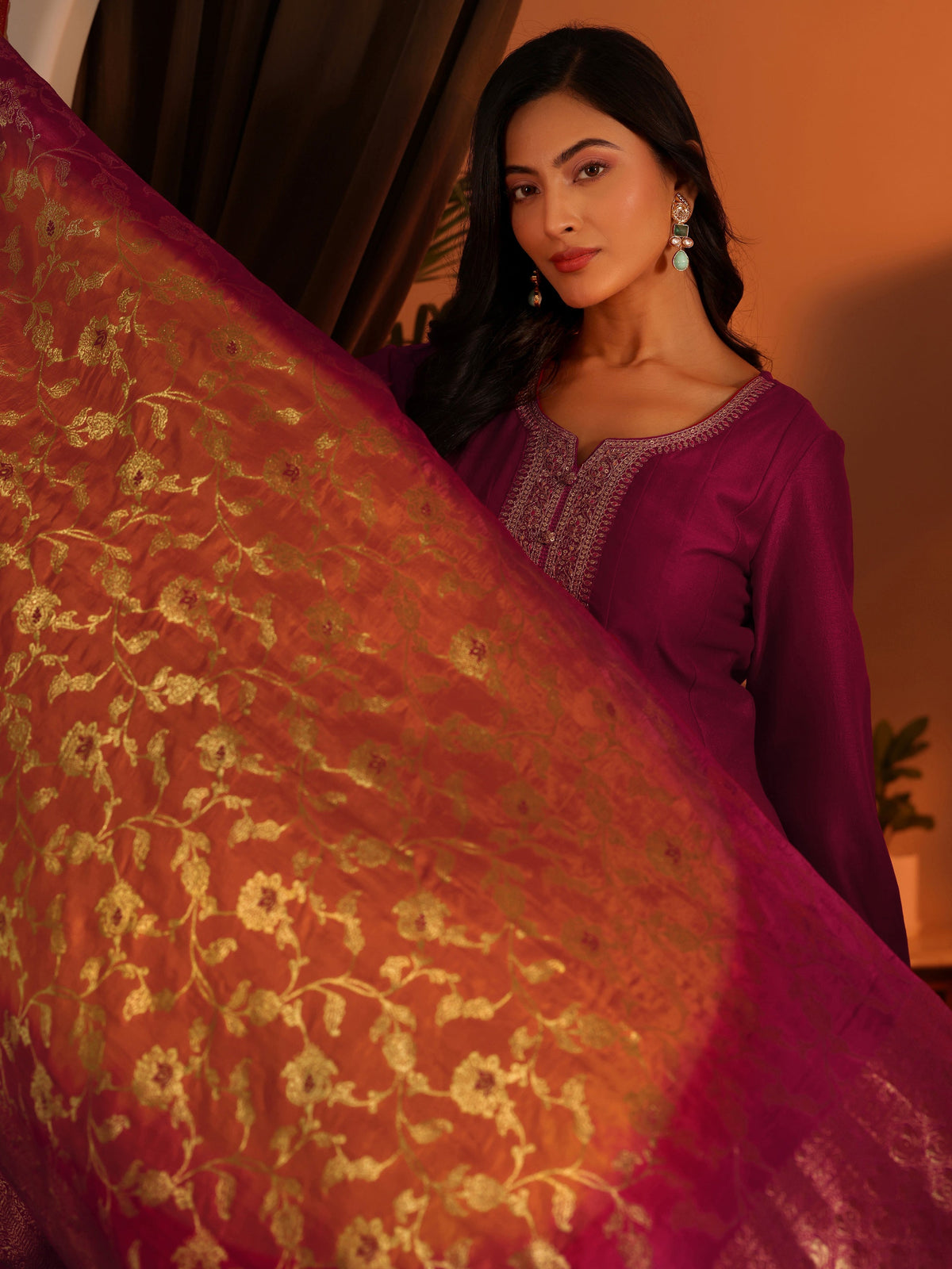 Anouk Magenta Woven Design Silk Blend Anarkali Suit Set With Dupatta
