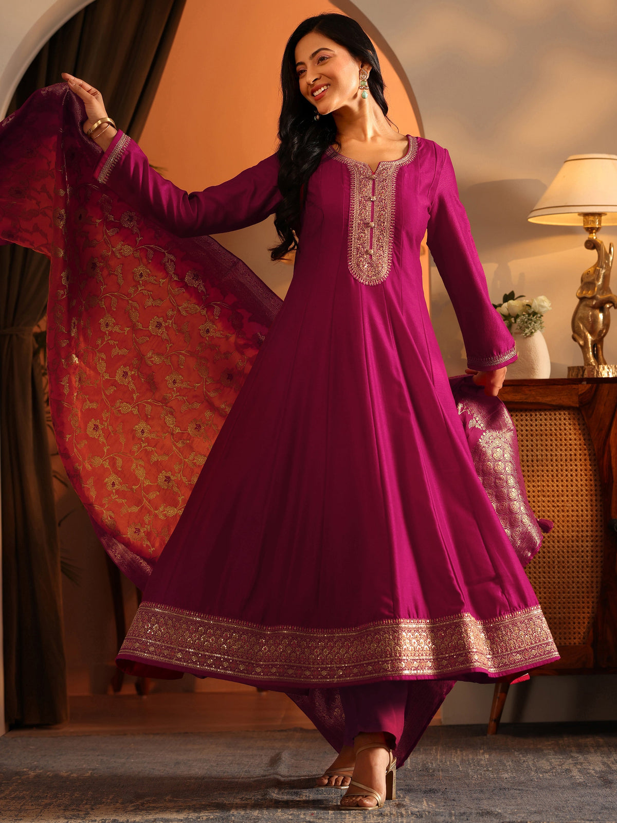 Anouk Magenta Woven Design Silk Blend Anarkali Suit Set With Dupatta