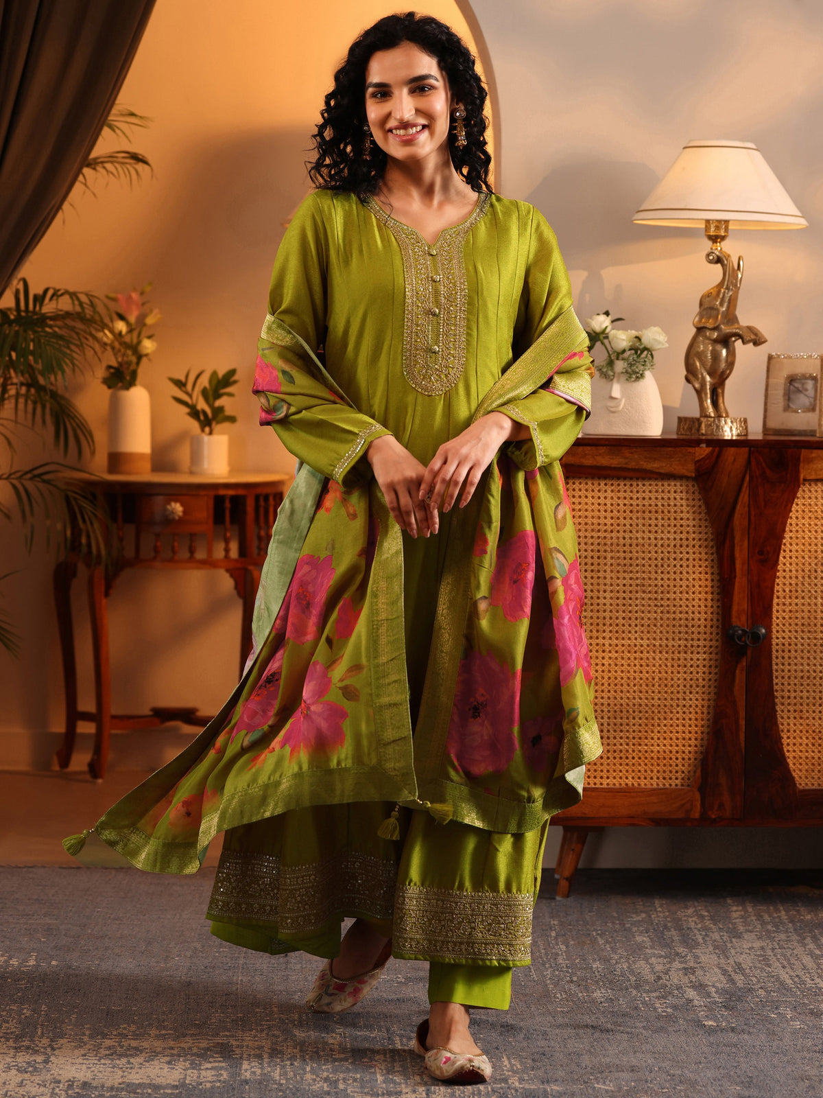 Anouk Lime Green Embroidered Silk Blend Anarkali Suit Set With Dupatta