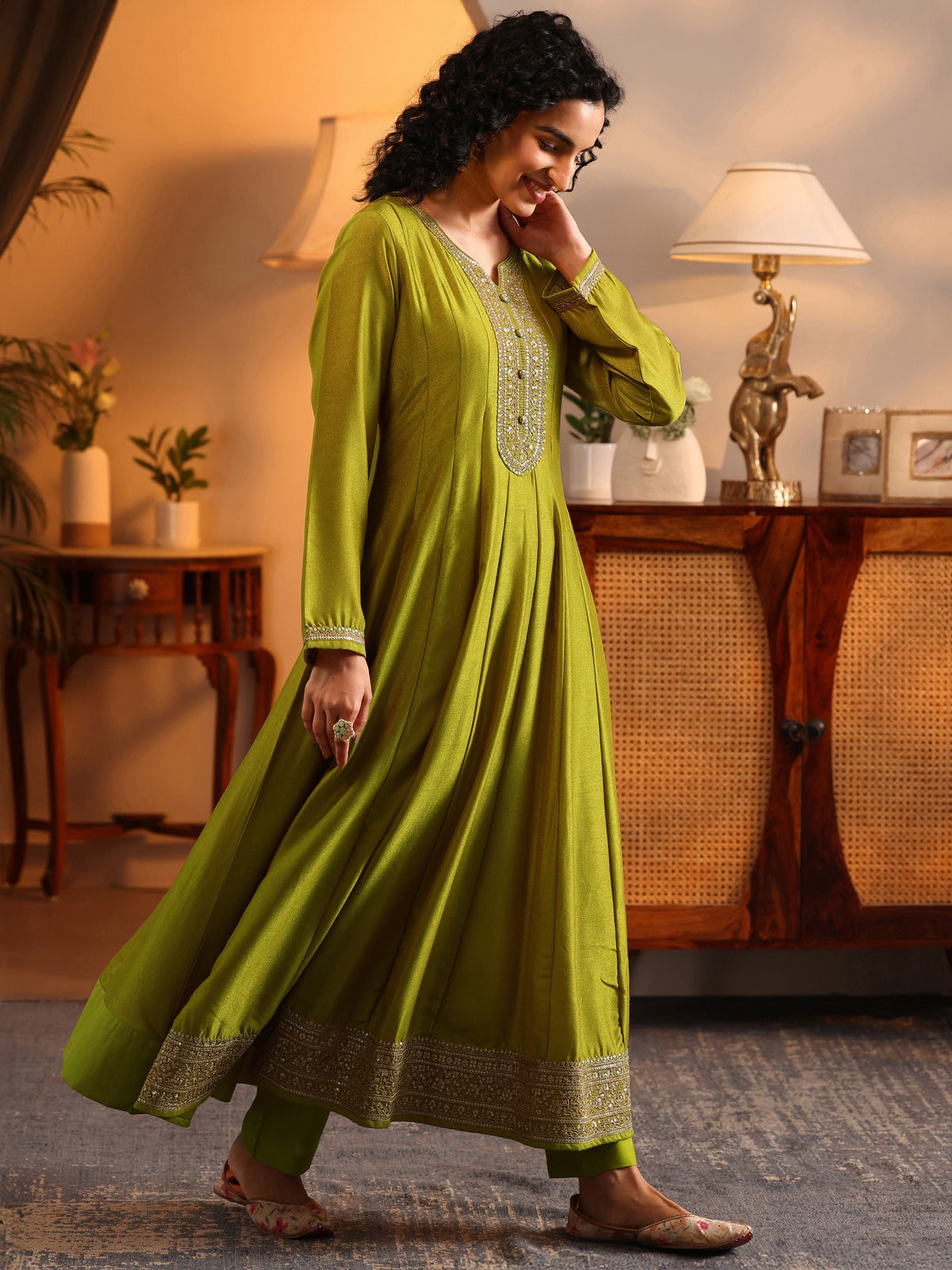 Anouk Lime Green Embroidered Silk Blend Anarkali Suit Set With Dupatta