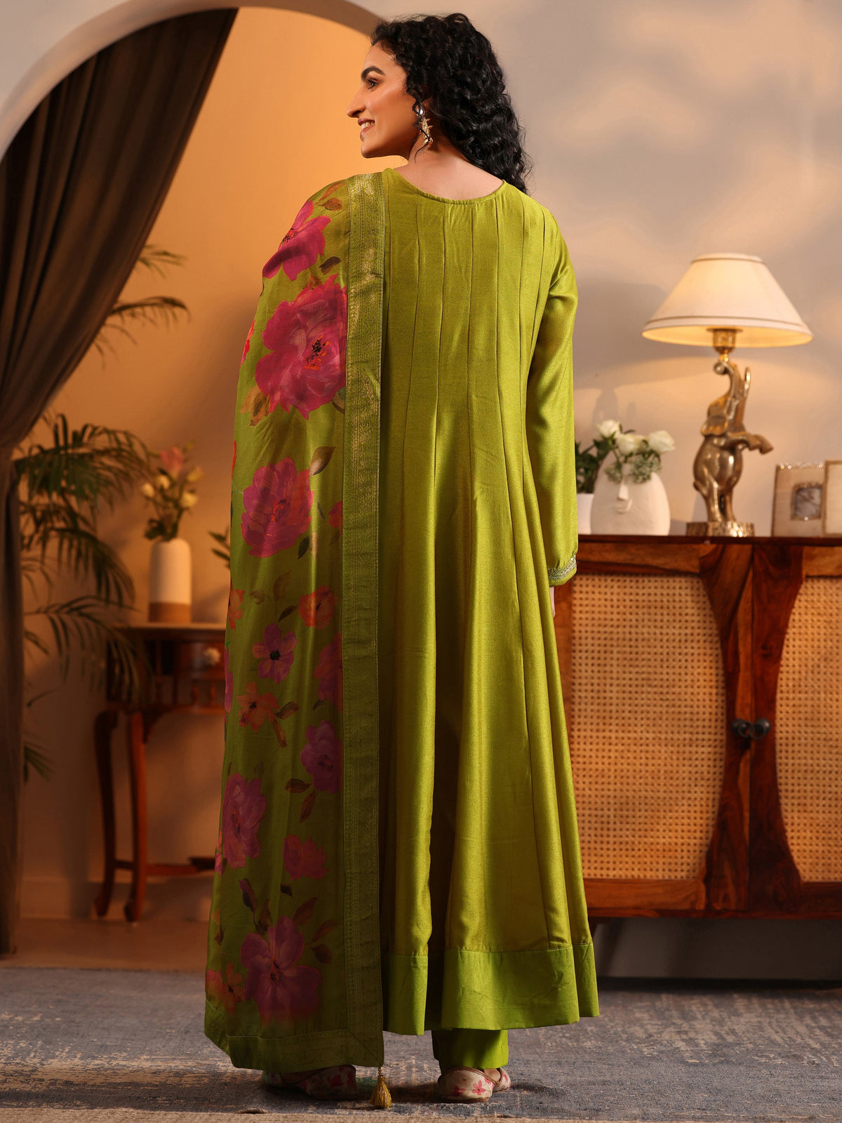Anouk Lime Green Embroidered Silk Blend Anarkali Suit Set With Dupatta