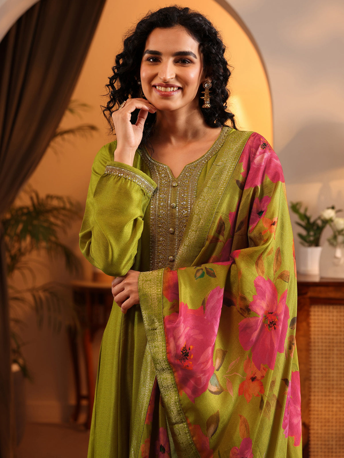 Anouk Lime Green Embroidered Silk Blend Anarkali Suit Set With Dupatta