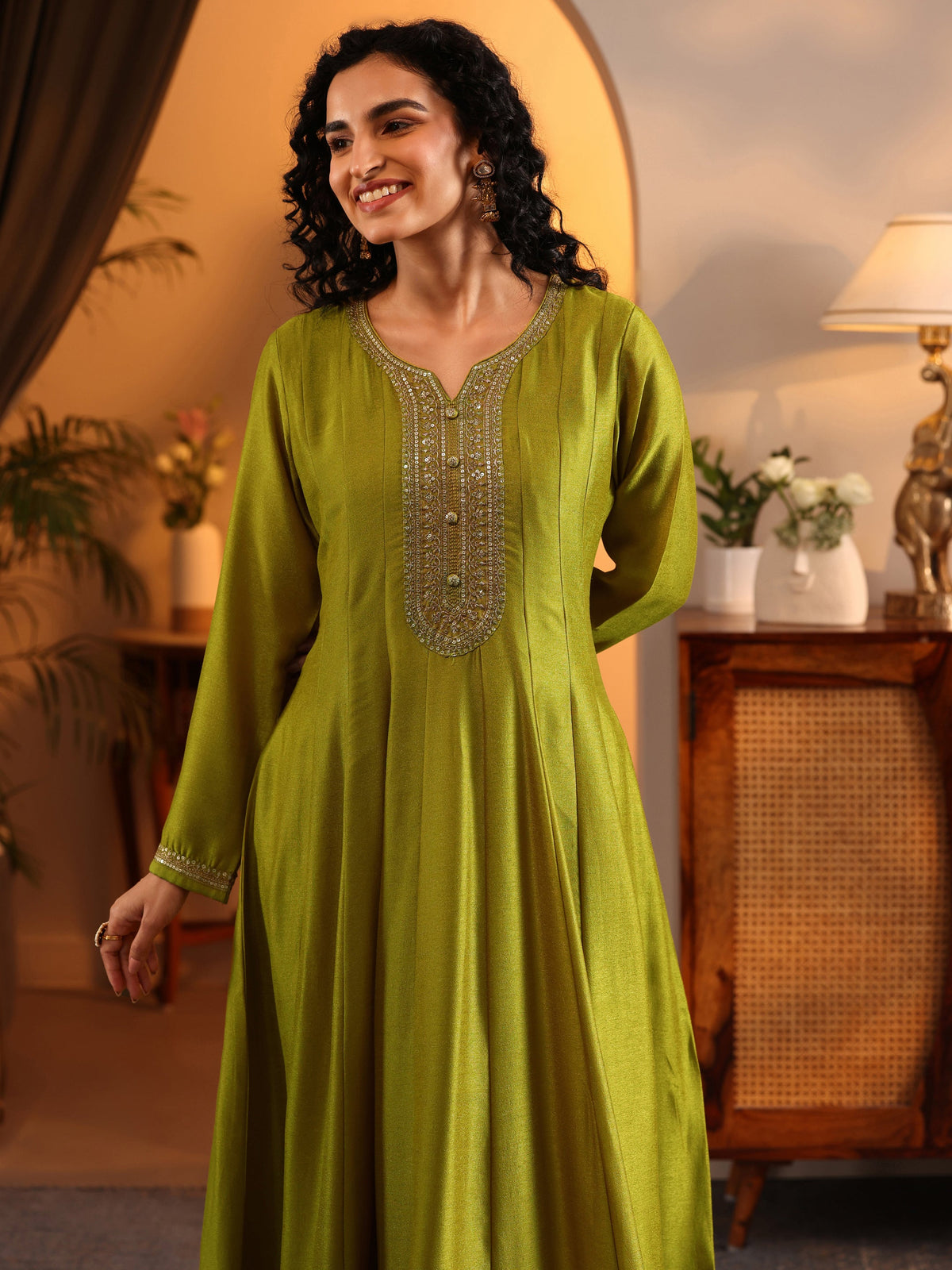 Anouk Lime Green Embroidered Silk Blend Anarkali Suit Set With Dupatta