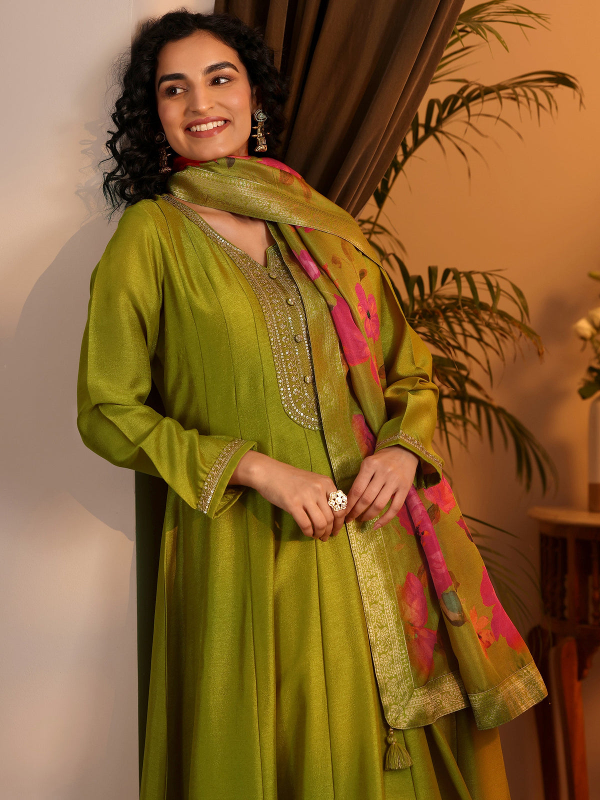 Anouk Lime Green Embroidered Silk Blend Anarkali Suit Set With Dupatta