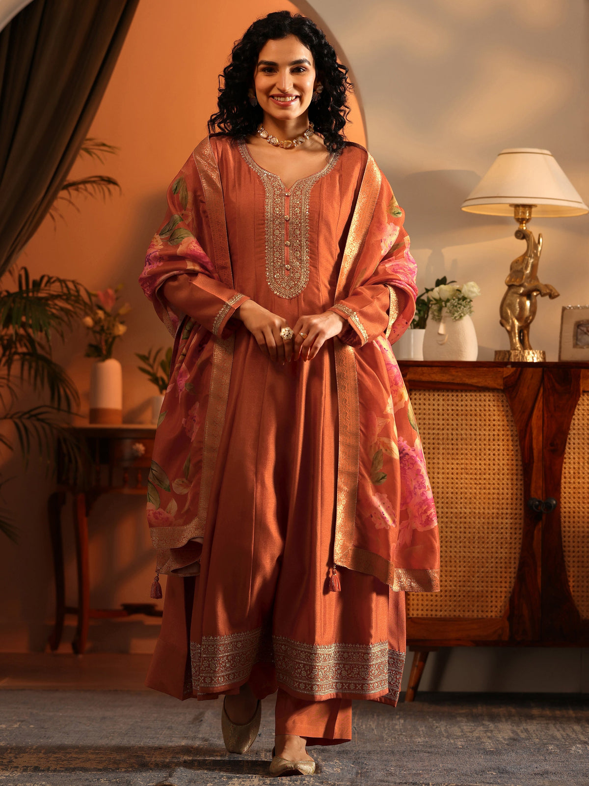 Anouk Orange Embroidered Silk Blend Anarkali Suit Set With Dupatta