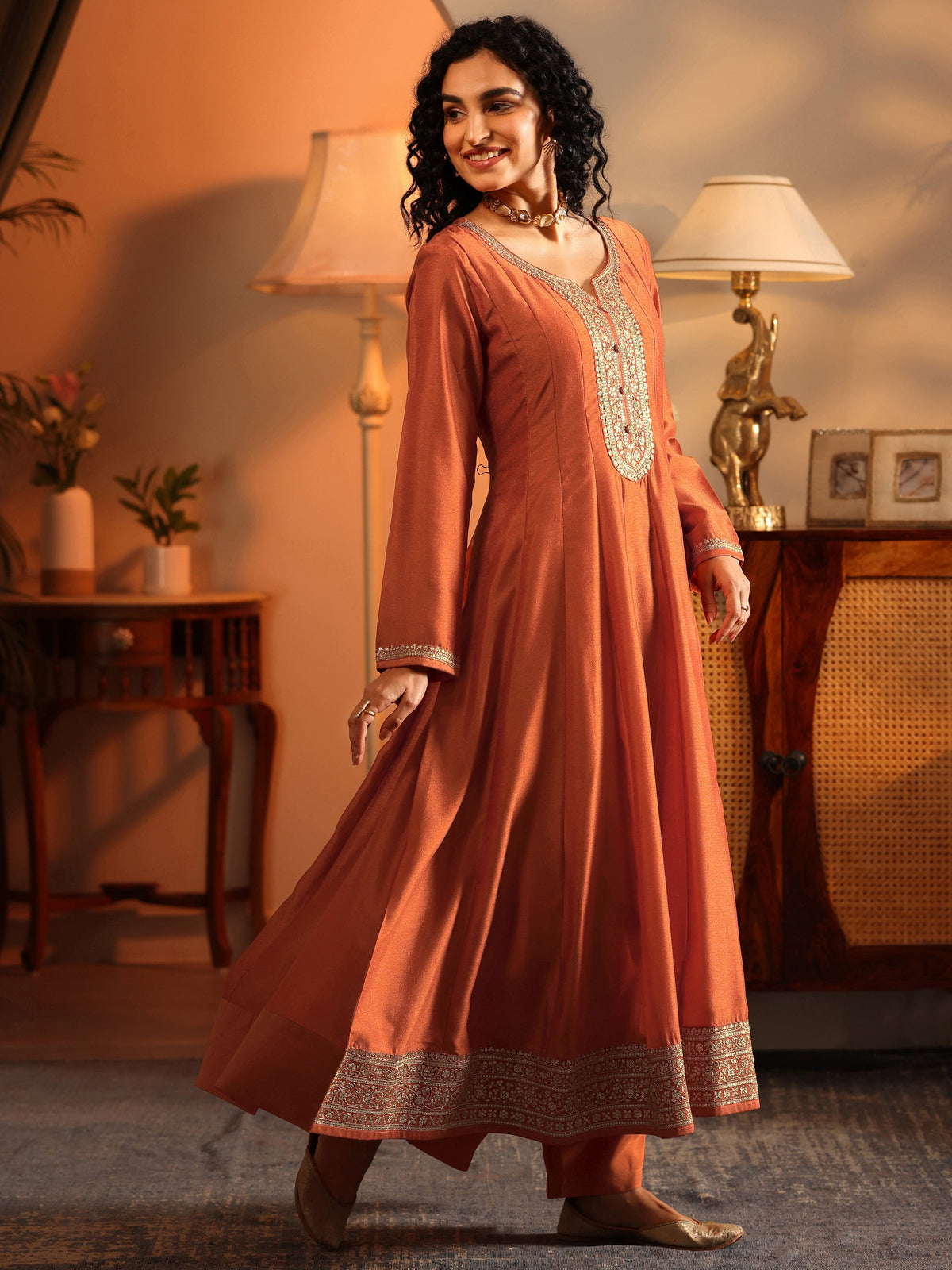 Anouk Orange Embroidered Silk Blend Anarkali Suit Set With Dupatta