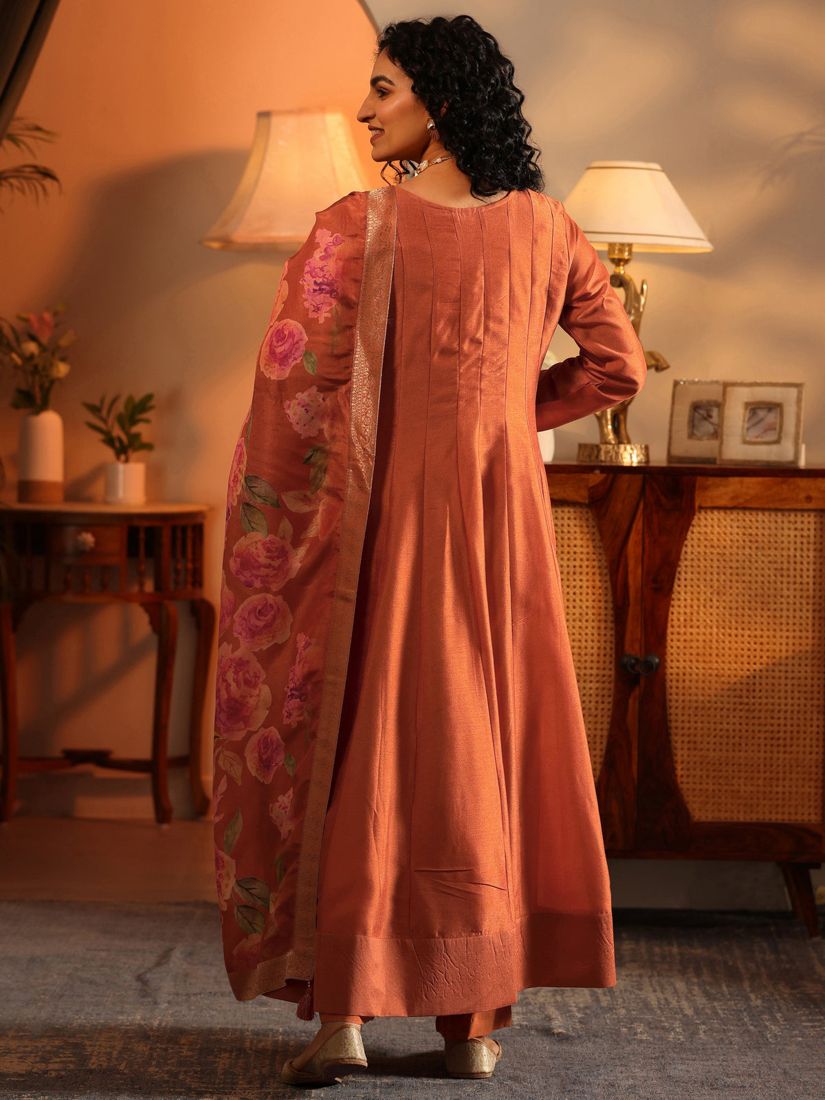 Anouk Orange Embroidered Silk Blend Anarkali Suit Set With Dupatta