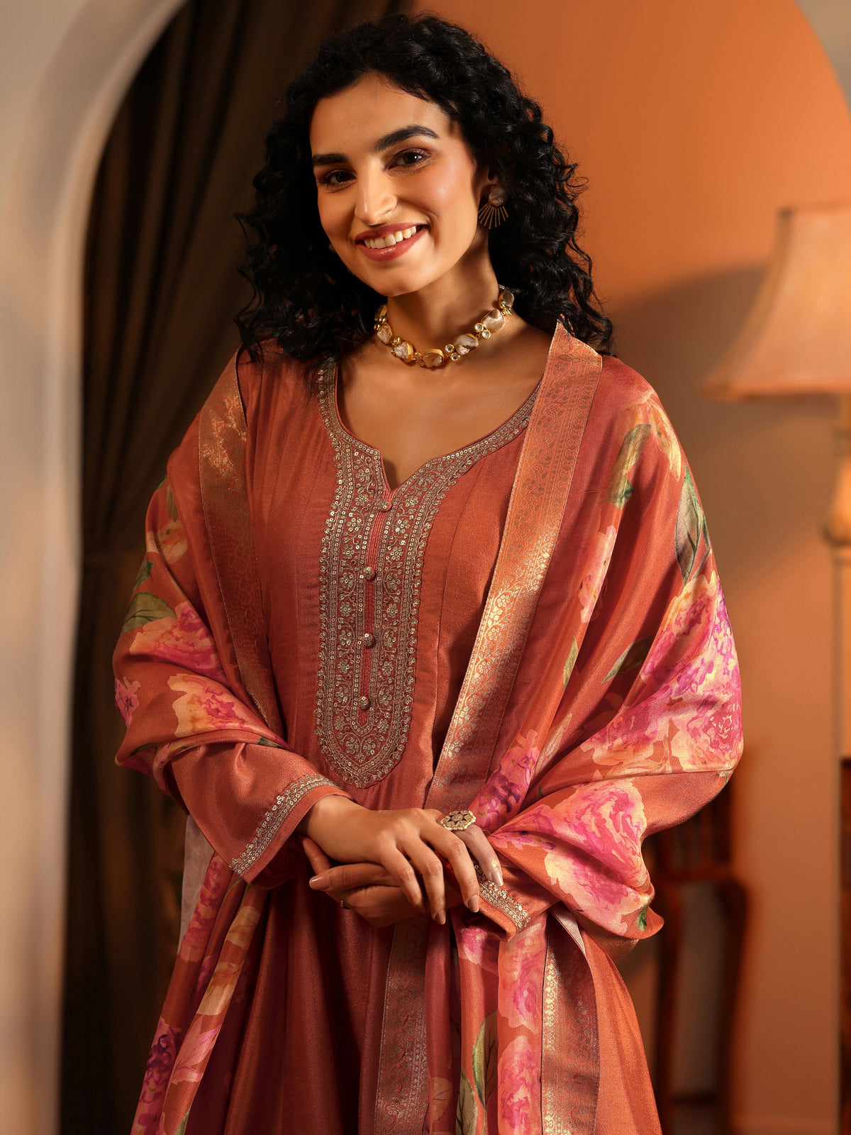 Anouk Orange Embroidered Silk Blend Anarkali Suit Set With Dupatta