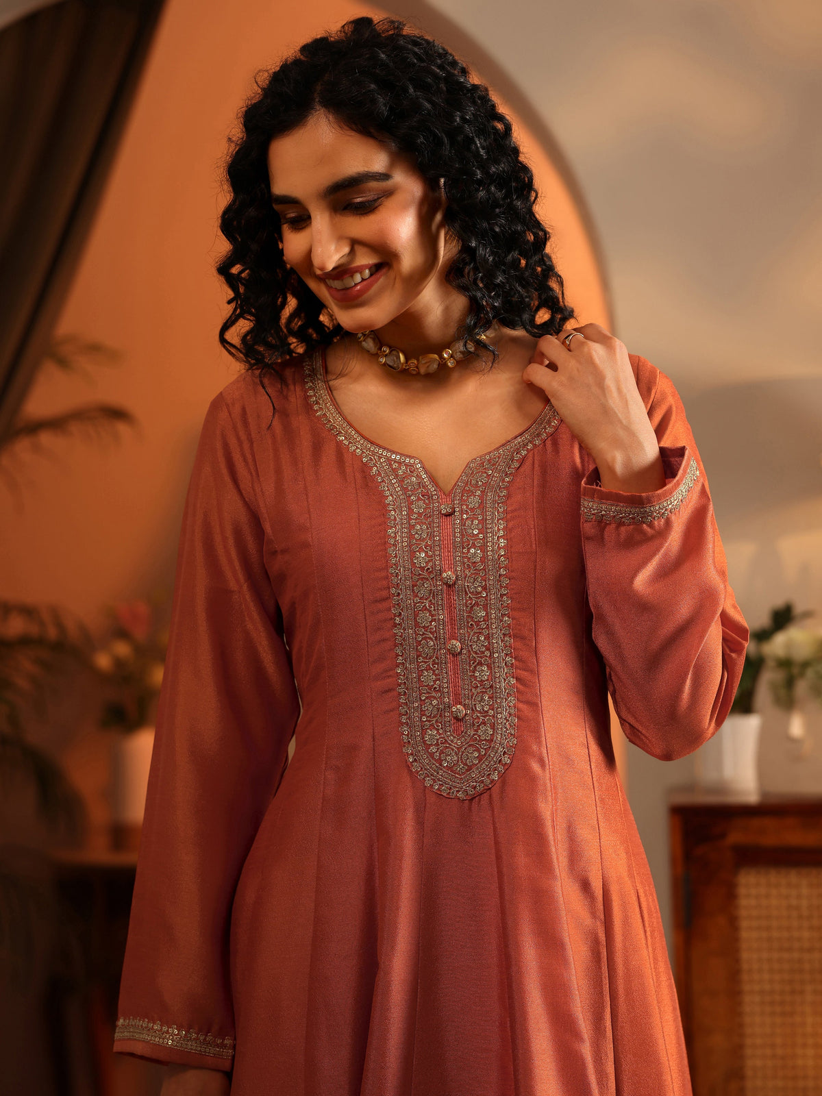 Anouk Orange Embroidered Silk Blend Anarkali Suit Set With Dupatta