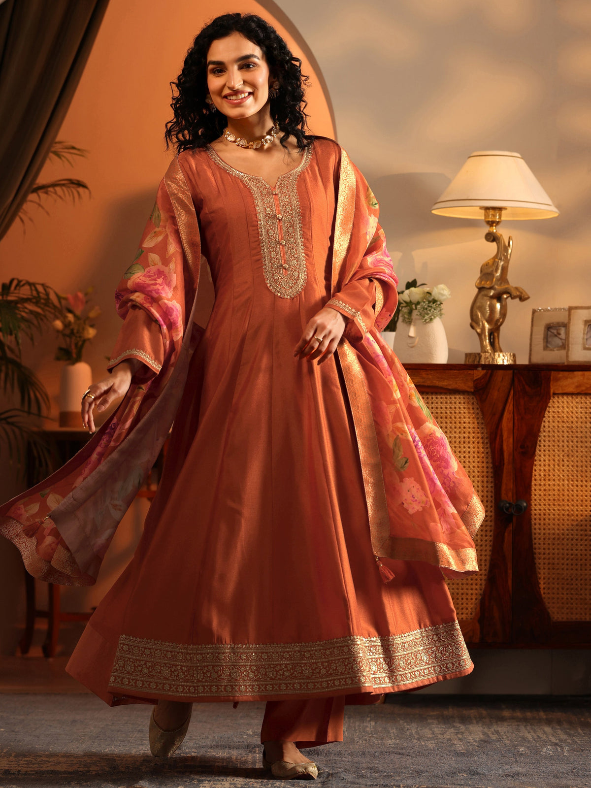 Anouk Orange Embroidered Silk Blend Anarkali Suit Set With Dupatta