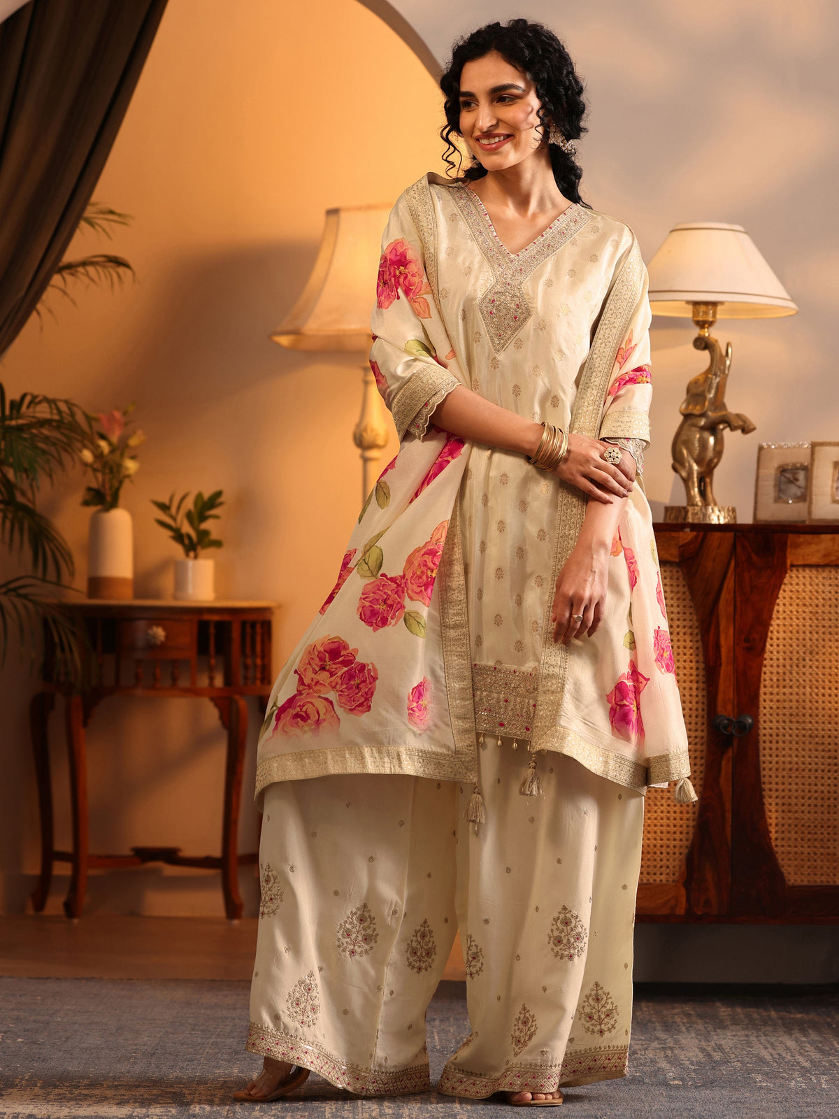 Anouk Cream Woven Design Silk Blend Straight Suit Set With Dupatta