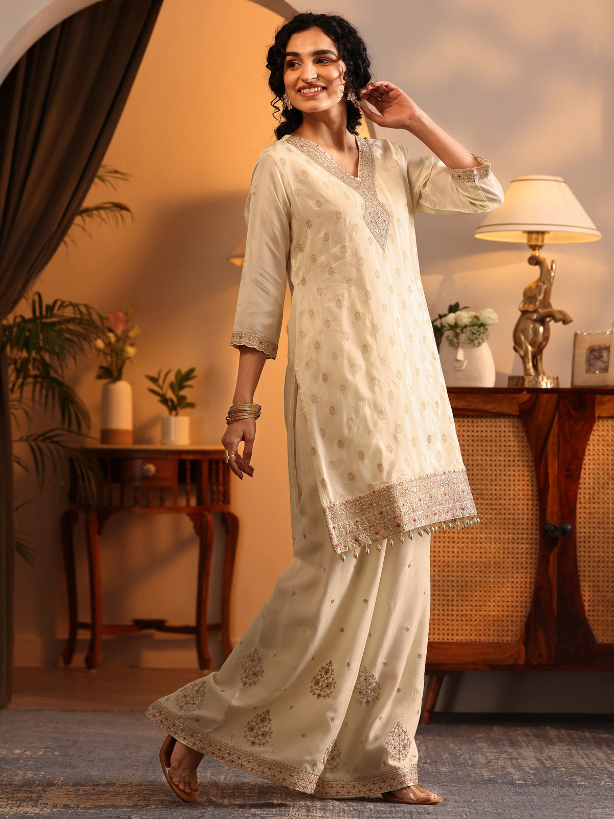 Anouk Cream Woven Design Silk Blend Straight Suit Set With Dupatta