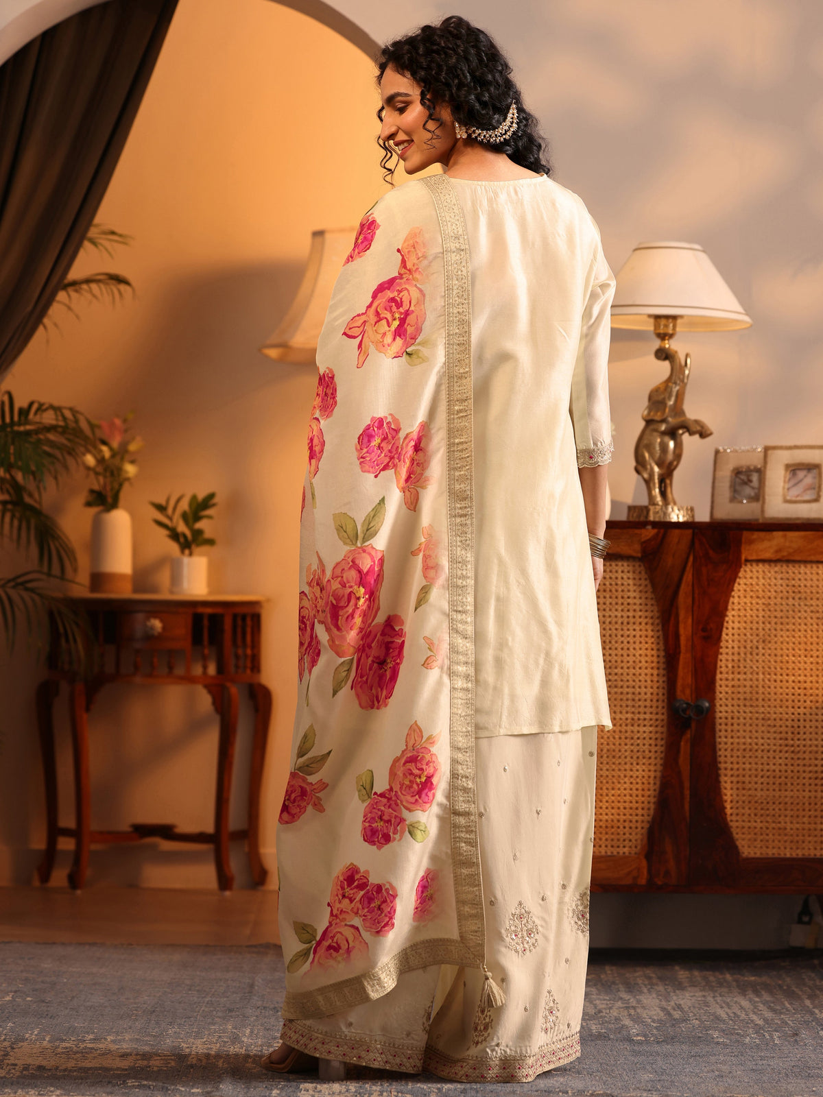 Anouk Cream Woven Design Silk Blend Straight Suit Set With Dupatta