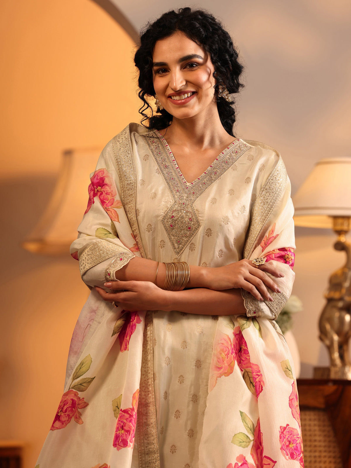 Anouk Cream Woven Design Silk Blend Straight Suit Set With Dupatta