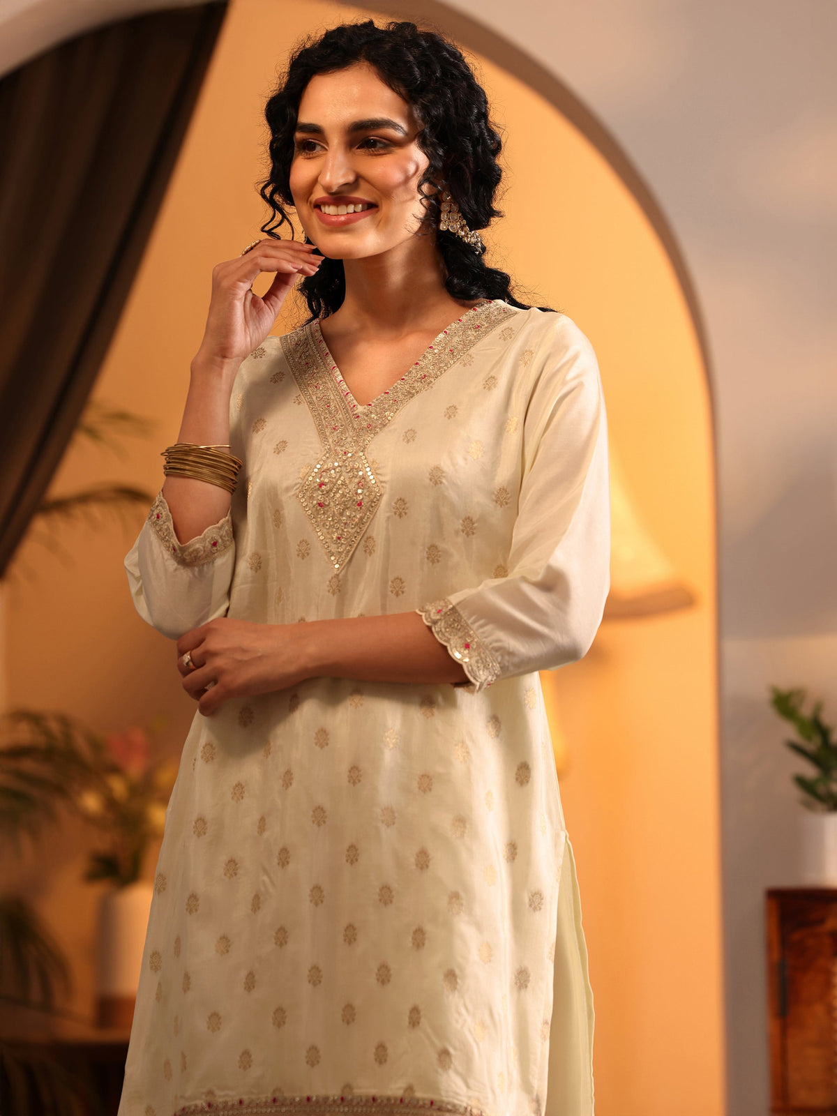 Anouk Cream Woven Design Silk Blend Straight Suit Set With Dupatta