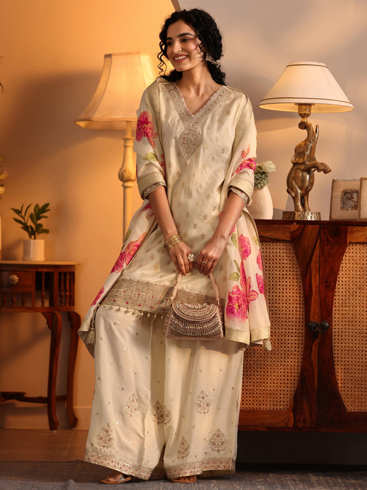 Anouk Cream Woven Design Silk Blend Straight Suit Set With Dupatta
