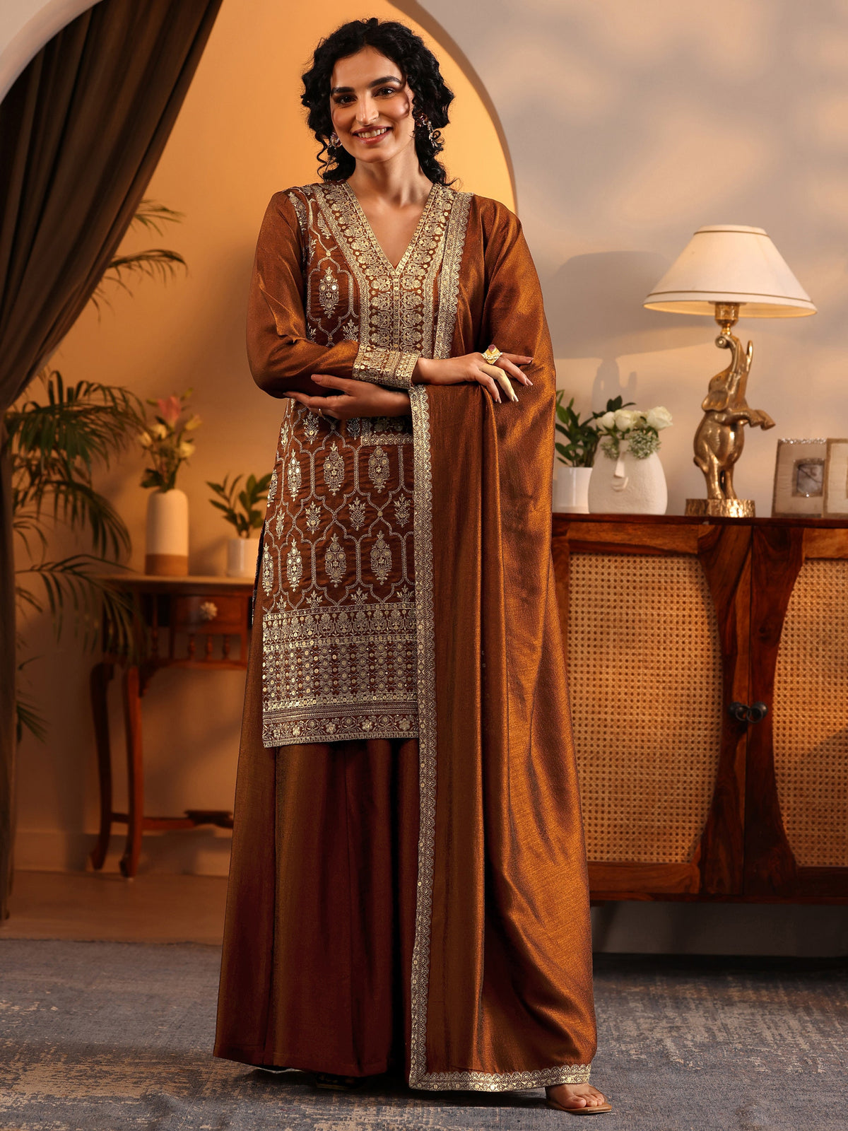 Anouk Art Brown Embroidered Silk Blend Straight Suit Set With Dupatta