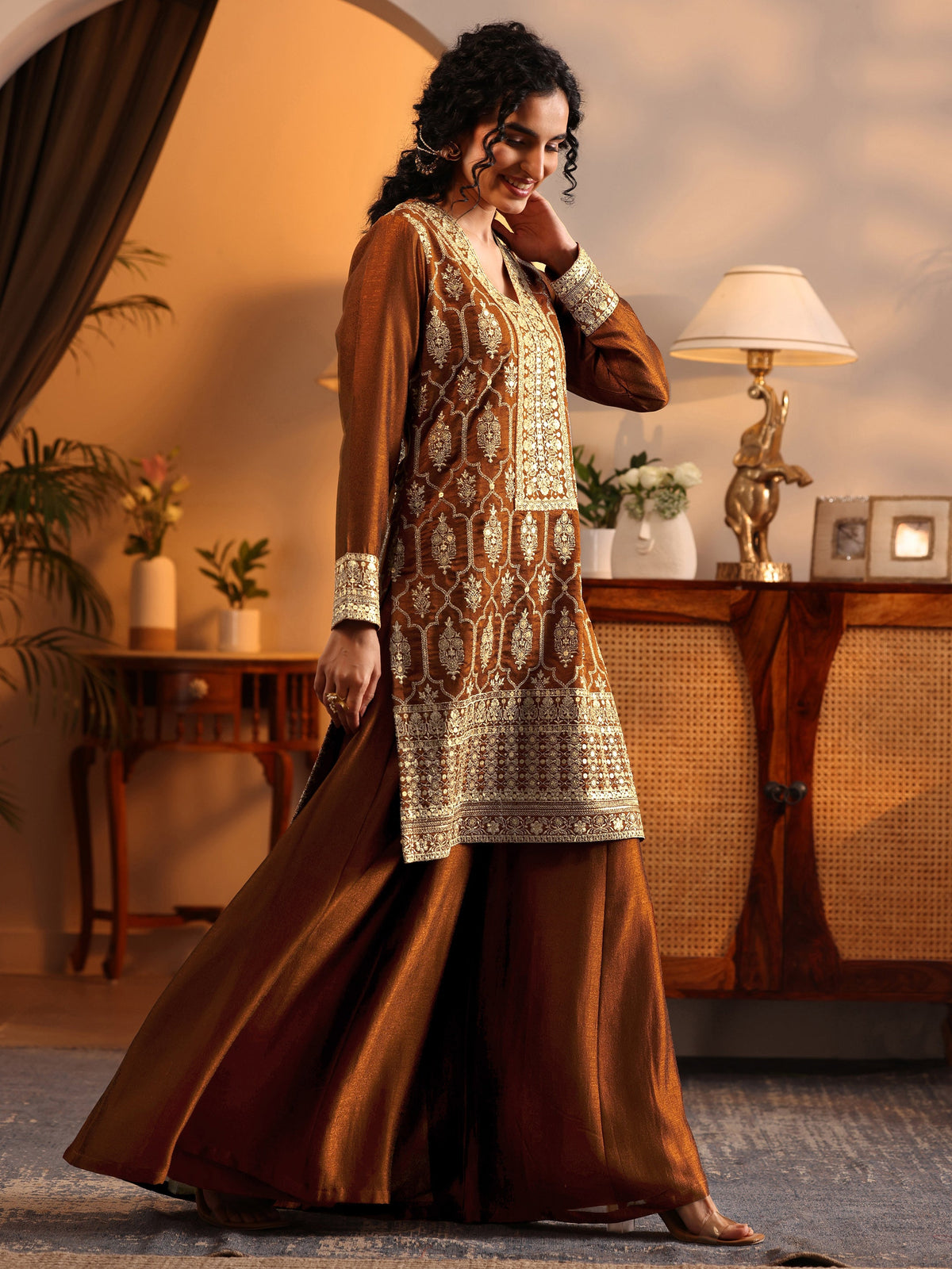 Anouk Art Brown Embroidered Silk Blend Straight Suit Set With Dupatta