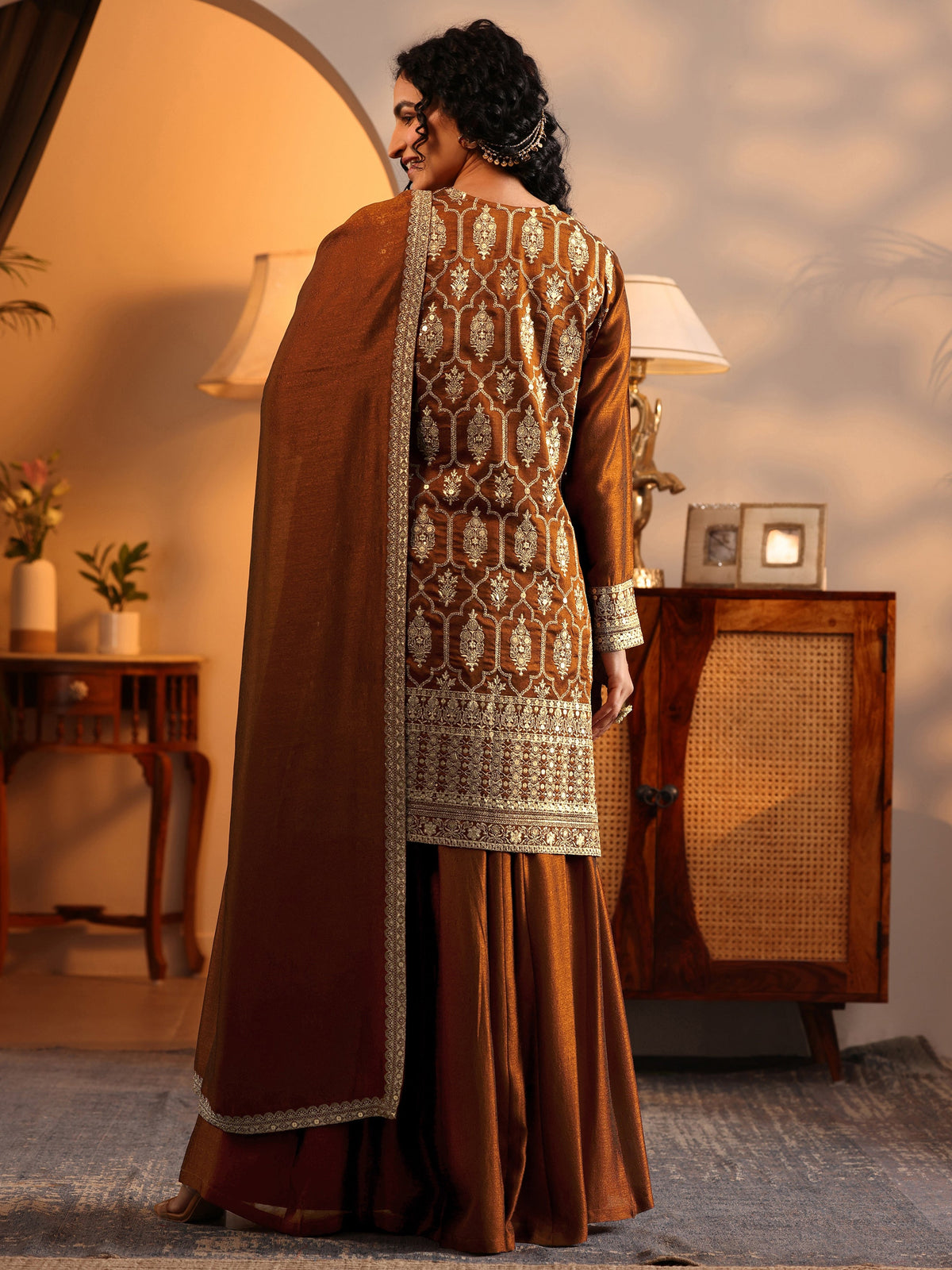 Anouk Art Brown Embroidered Silk Blend Straight Suit Set With Dupatta