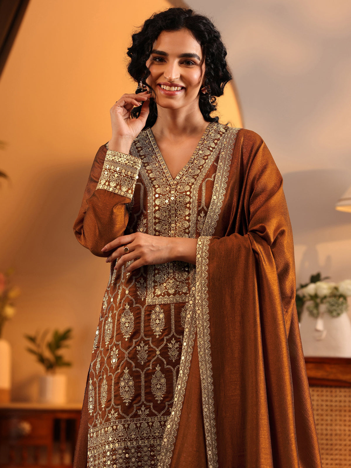 Anouk Art Brown Embroidered Silk Blend Straight Suit Set With Dupatta