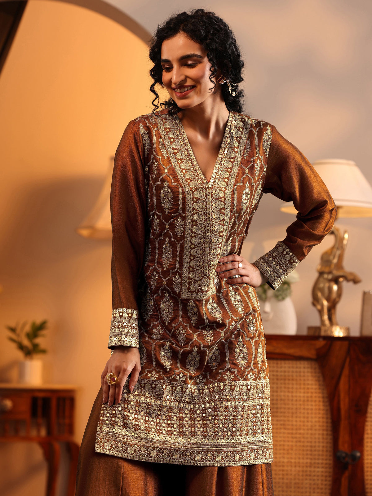 Anouk Art Brown Embroidered Silk Blend Straight Suit Set With Dupatta