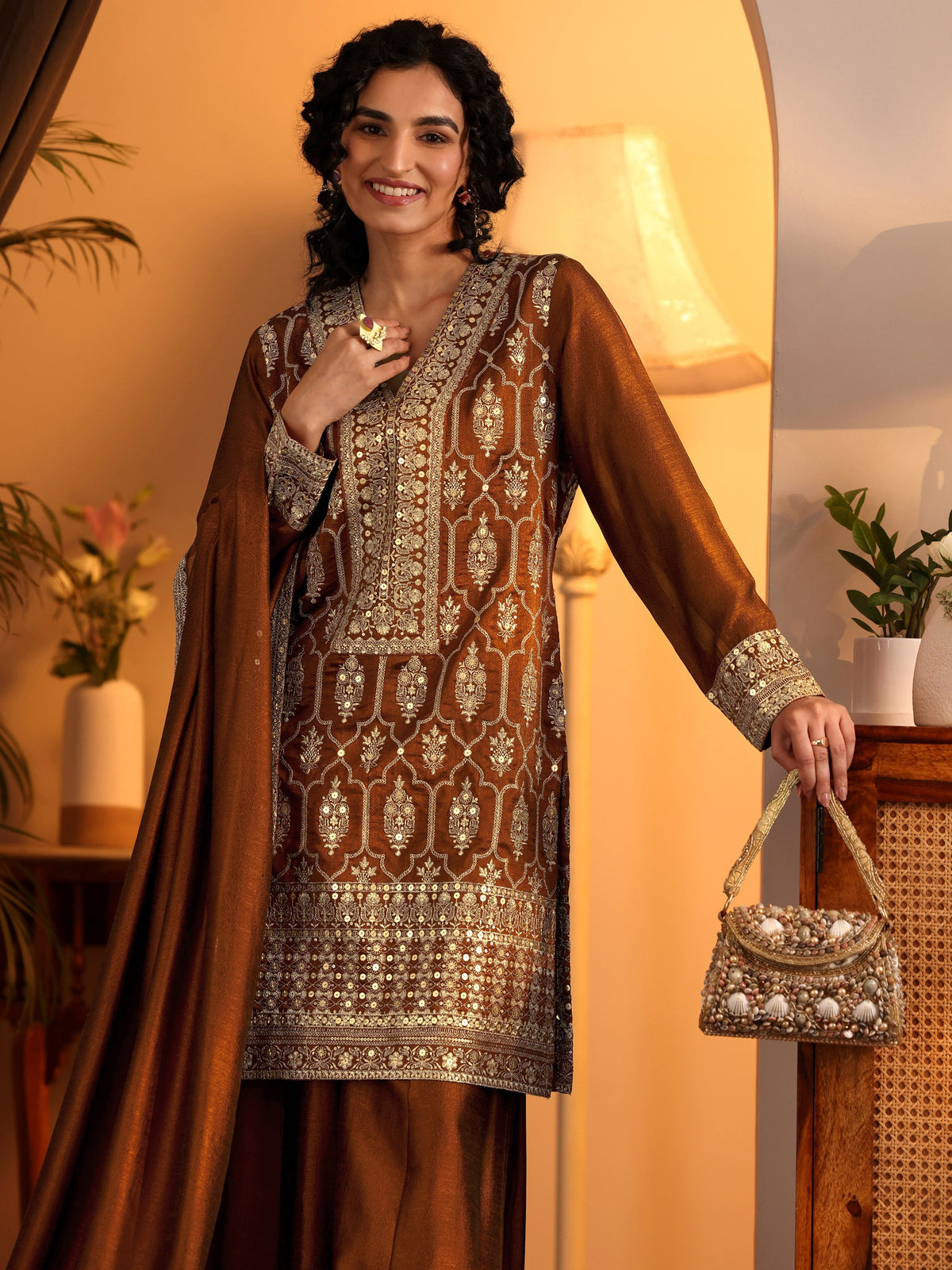 Anouk Art Brown Embroidered Silk Blend Straight Suit Set With Dupatta