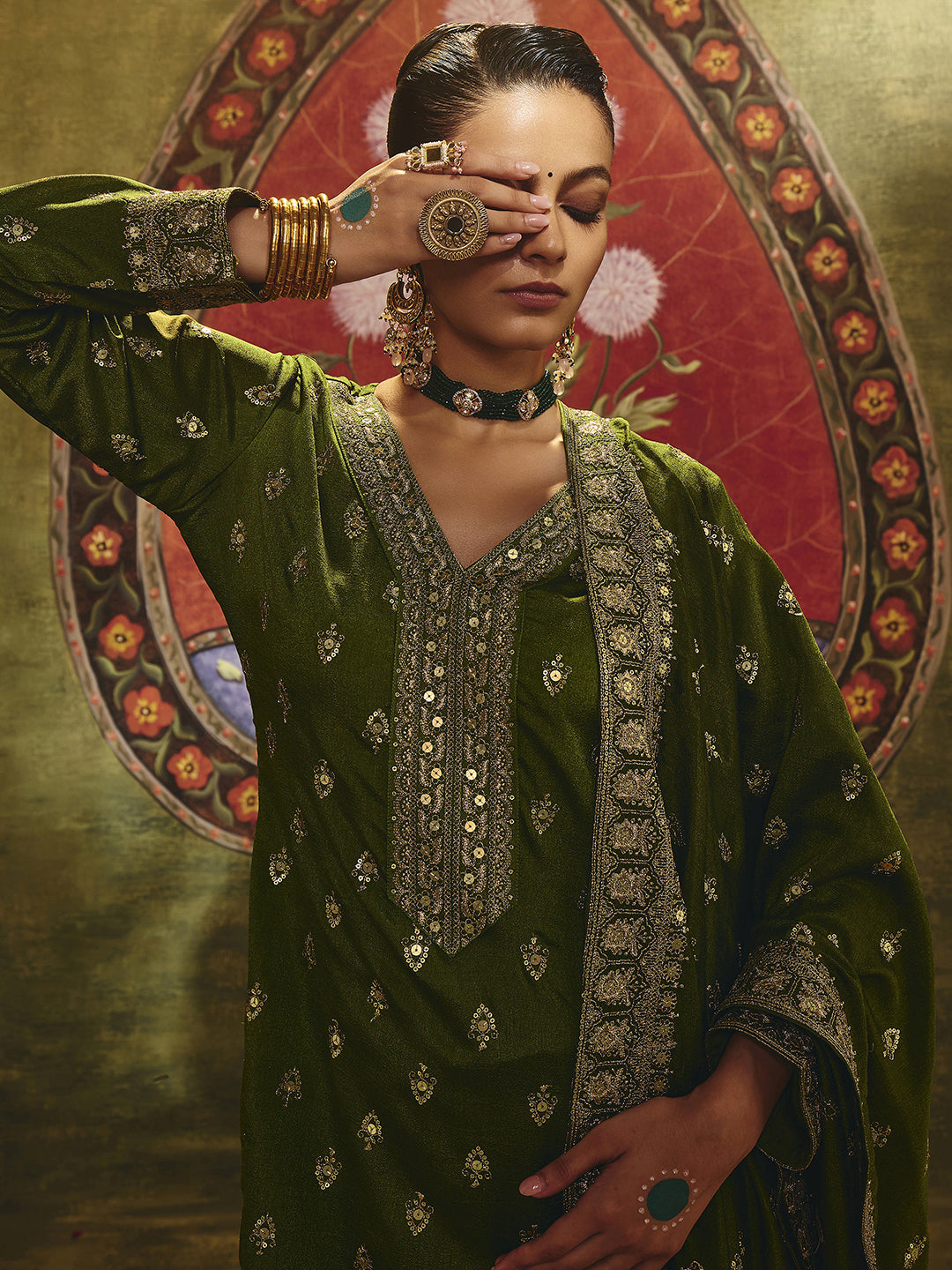 Anouk Ira Olive Embroidered Silk Blend Straight Suit Set With Dupatta